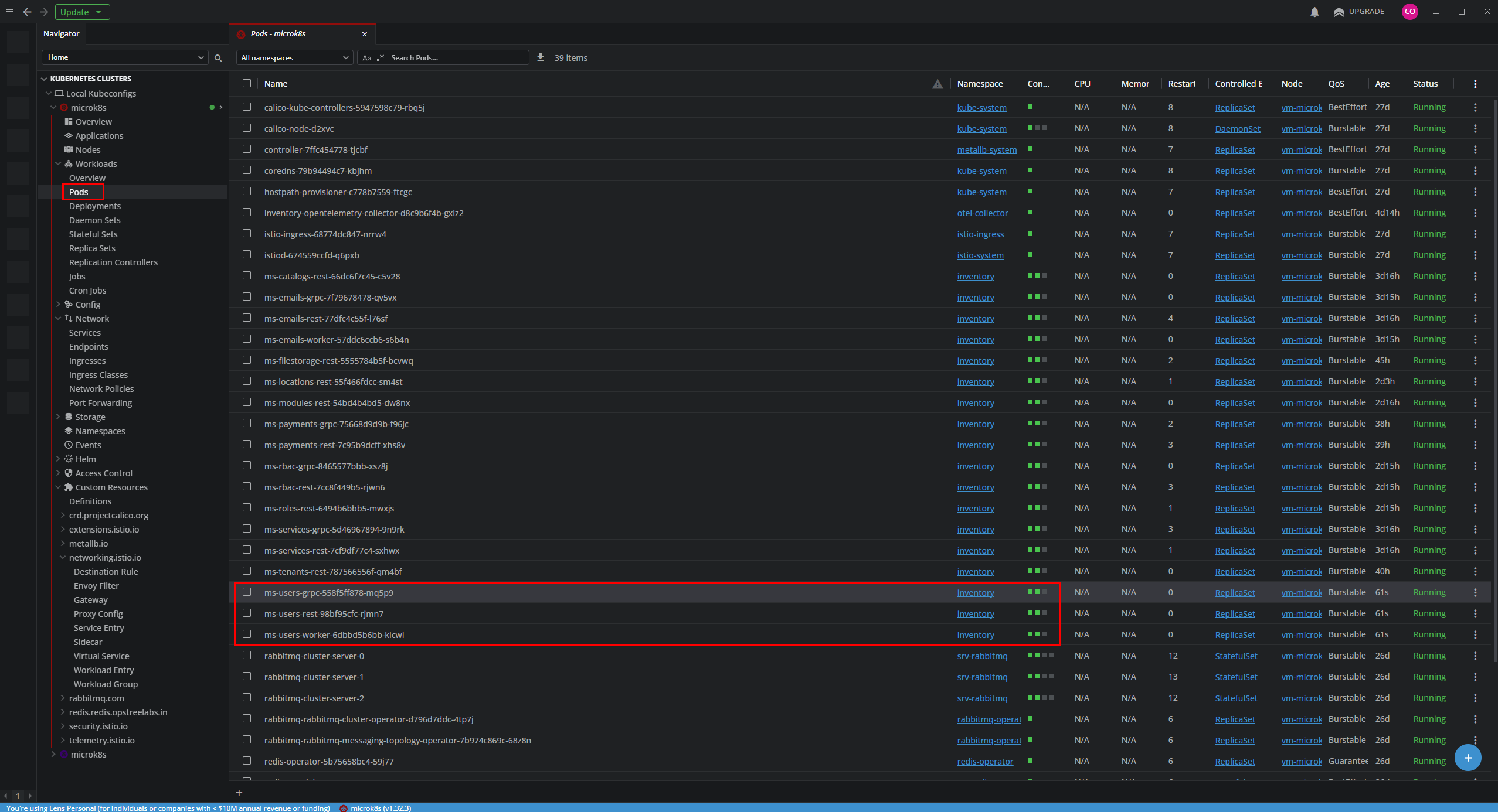 Verificando los pods de ms-users en Lens
