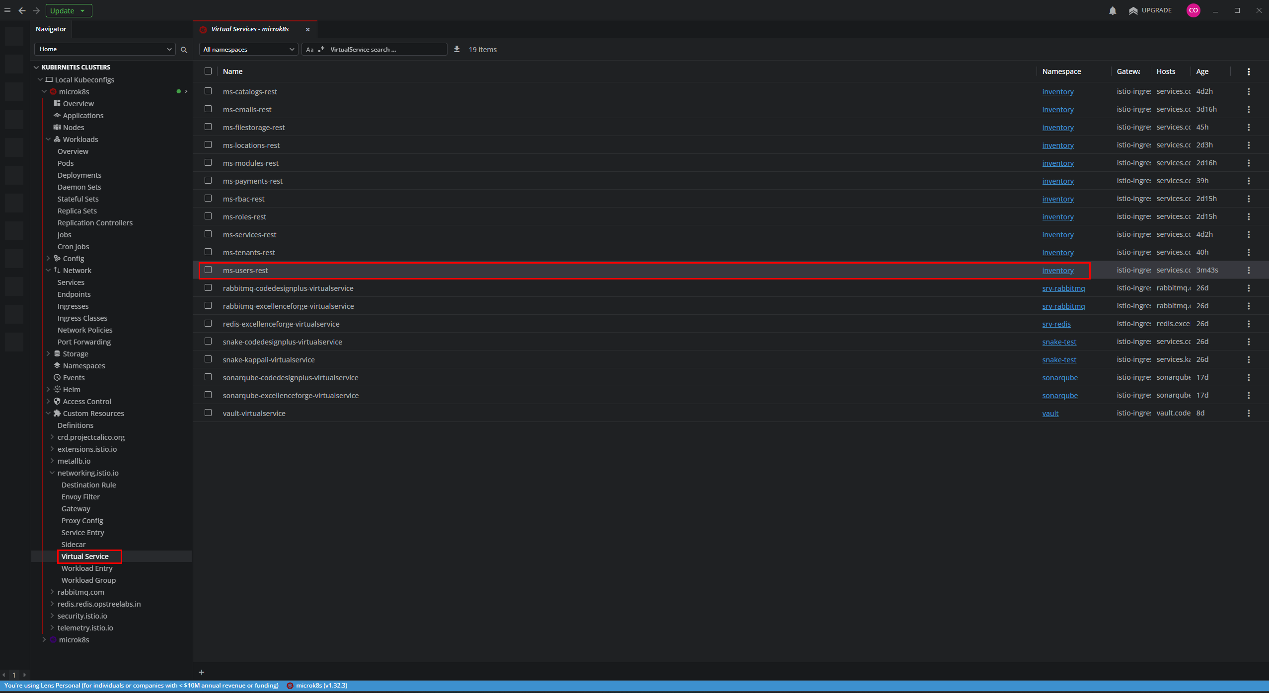 Verificando el VirtualService de ms-users en Lens