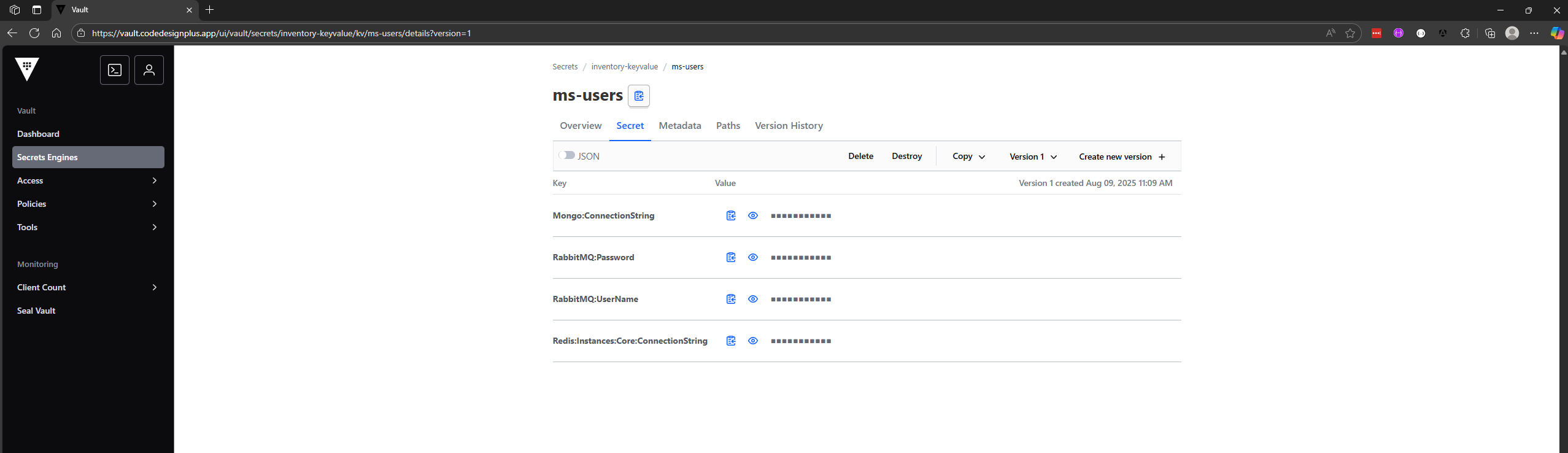 Verificando los secretos de ms-users en la UI de Vault
