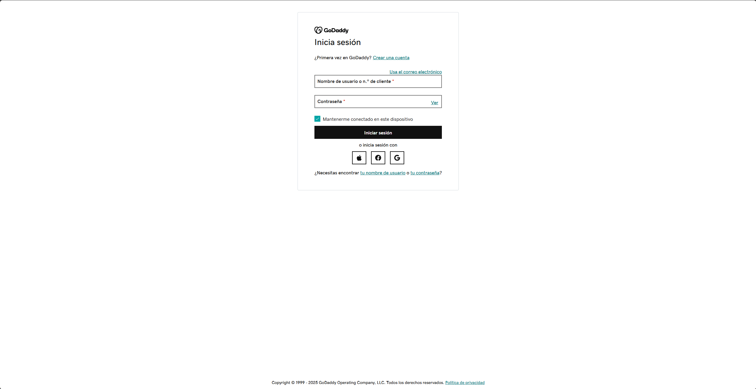 Pantalla de inicio de sesión de GoDaddy