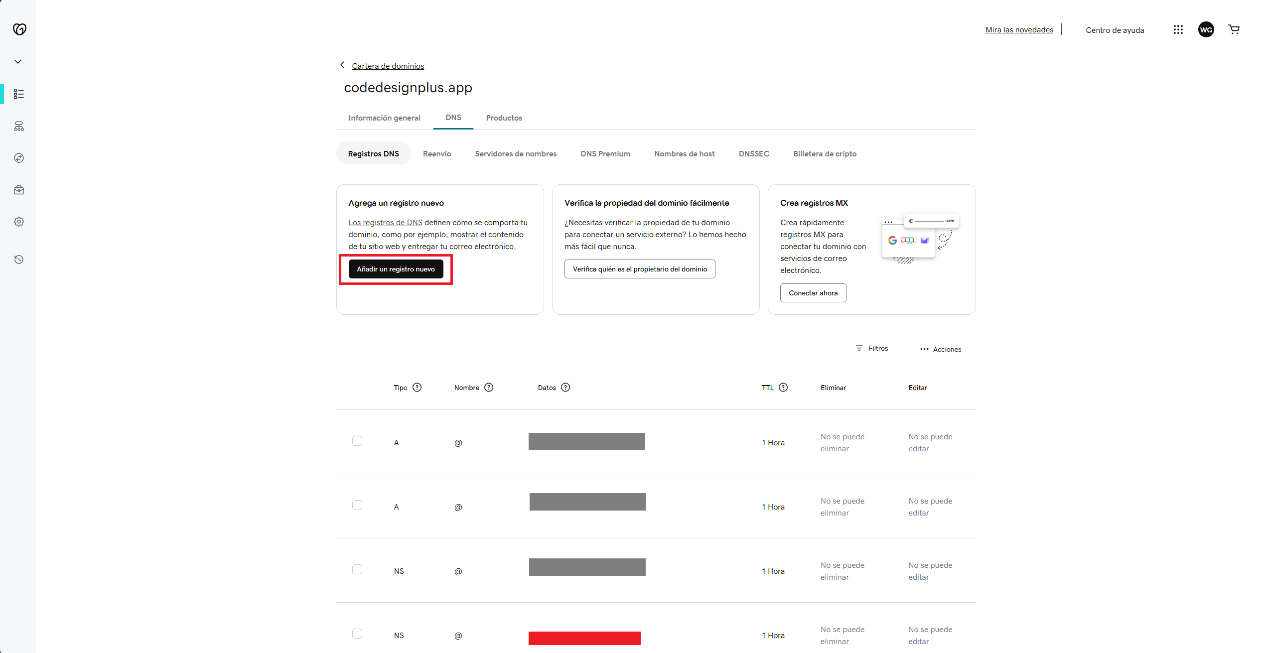 Panel de gestión de DNS con el botón para añadir un nuevo registro