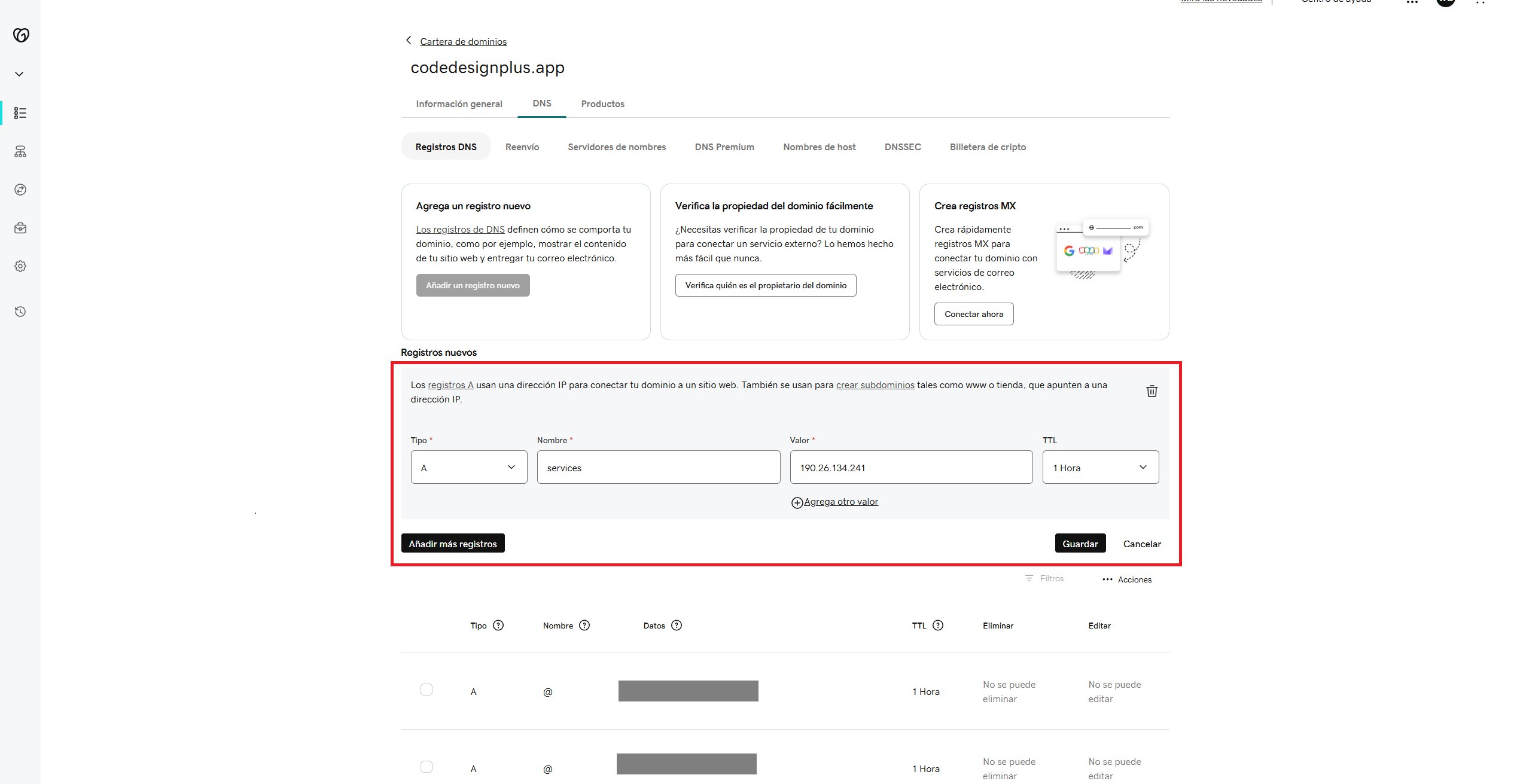 Configurando el registro A para services.codedesignplus.app