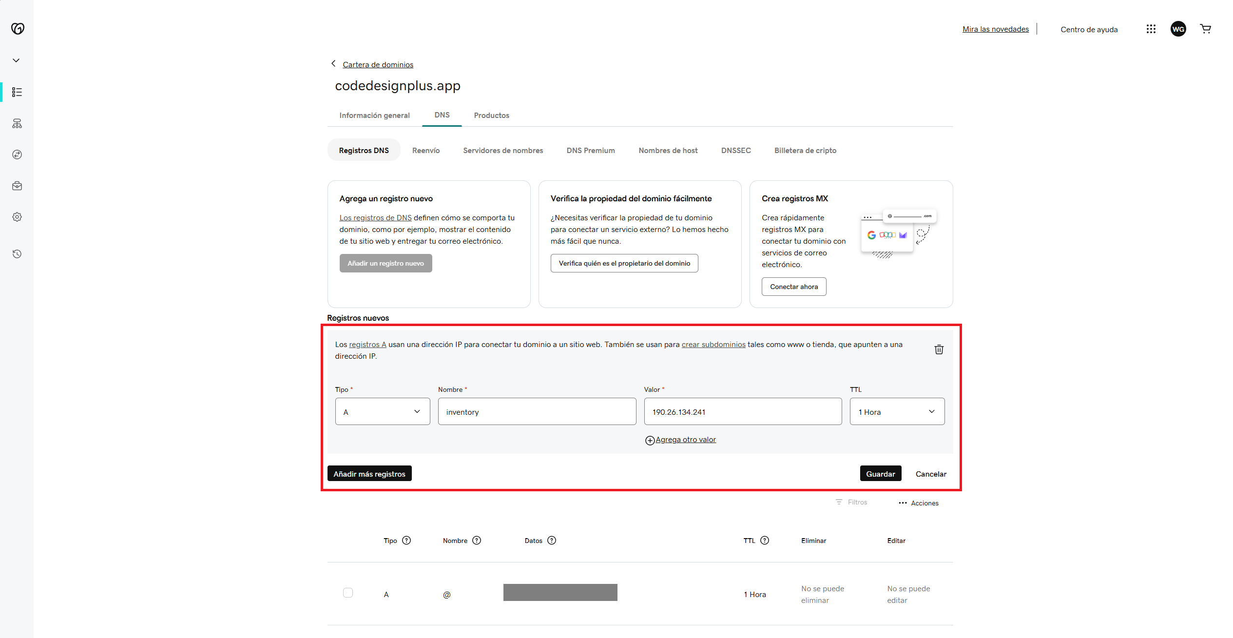 Configurando el registro A para inventory.codedesignplus.app