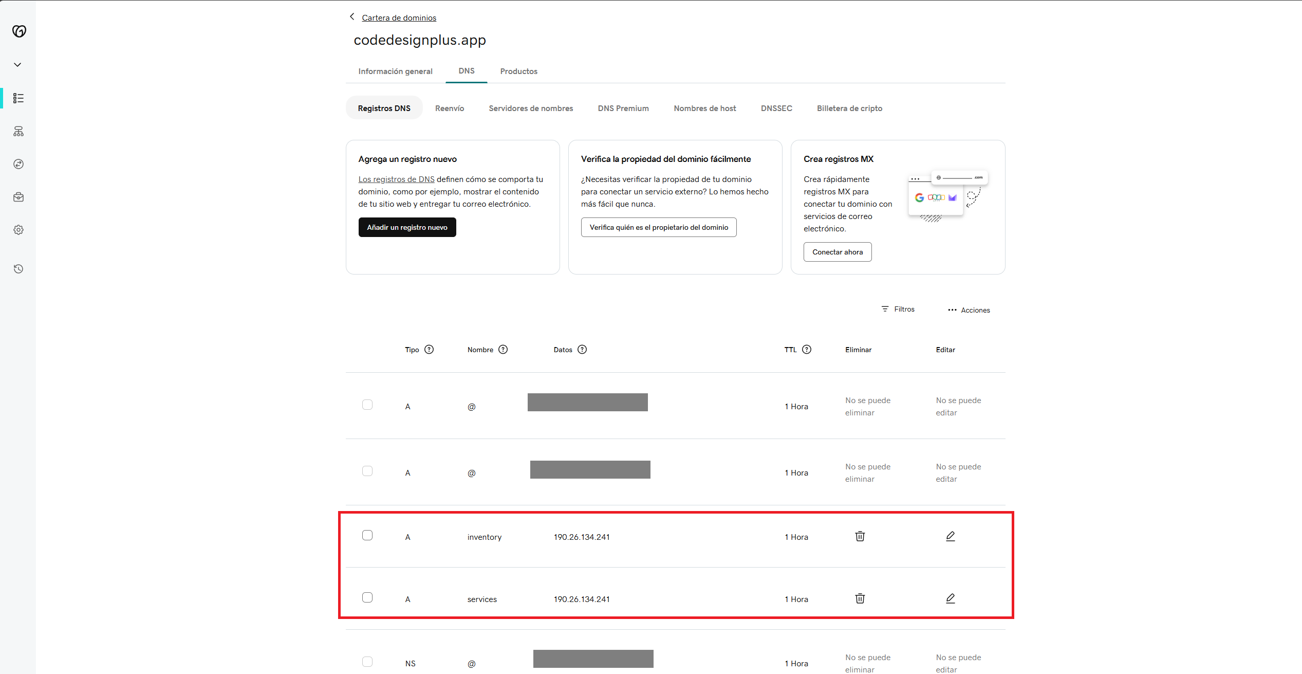 Lista final de registros DNS en GoDaddy con las nuevas entradas