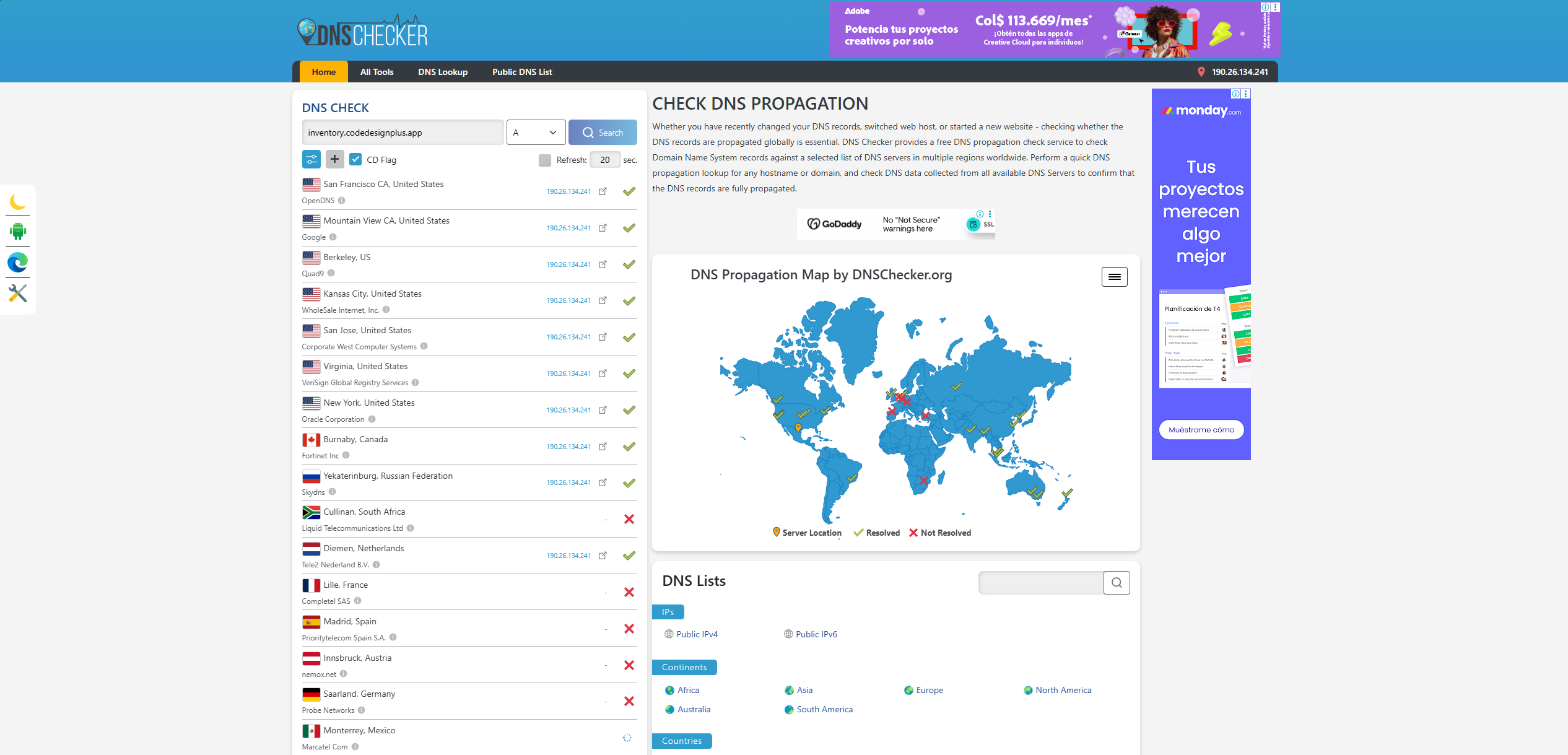 Verificación de la propagación de DNS para inventory.codedesignplus.app en DNSChecker