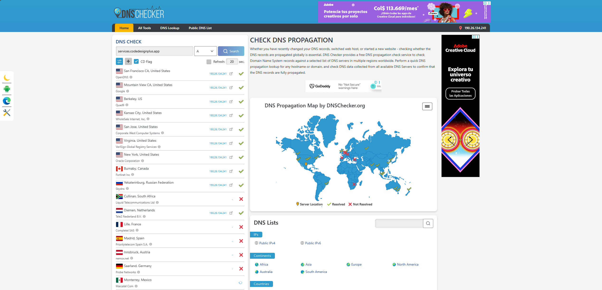 Verificación de la propagación de DNS para services.codedesignplus.app en DNSChecker