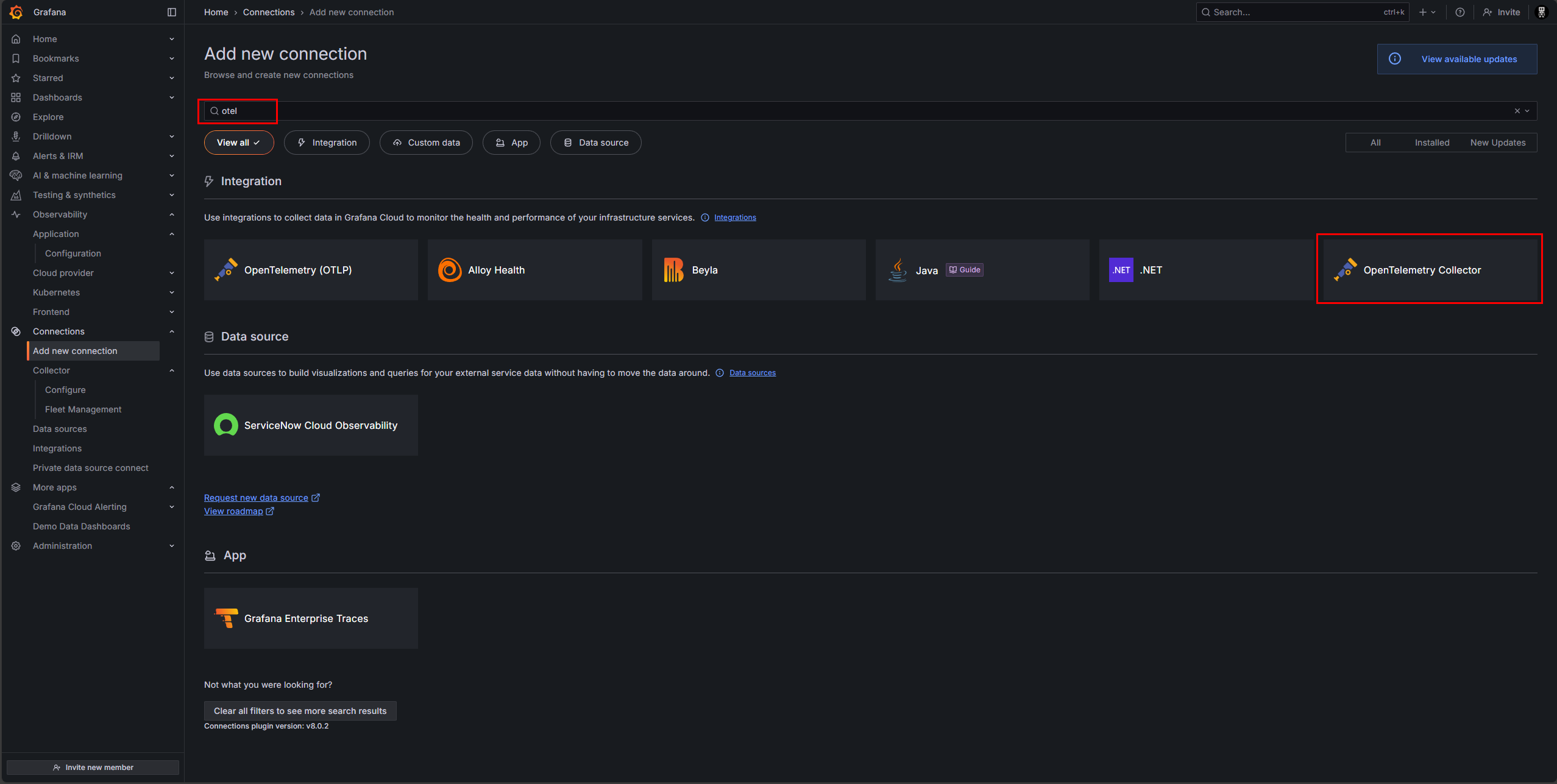 Seleccionando la integración de OpenTelemetry Collector