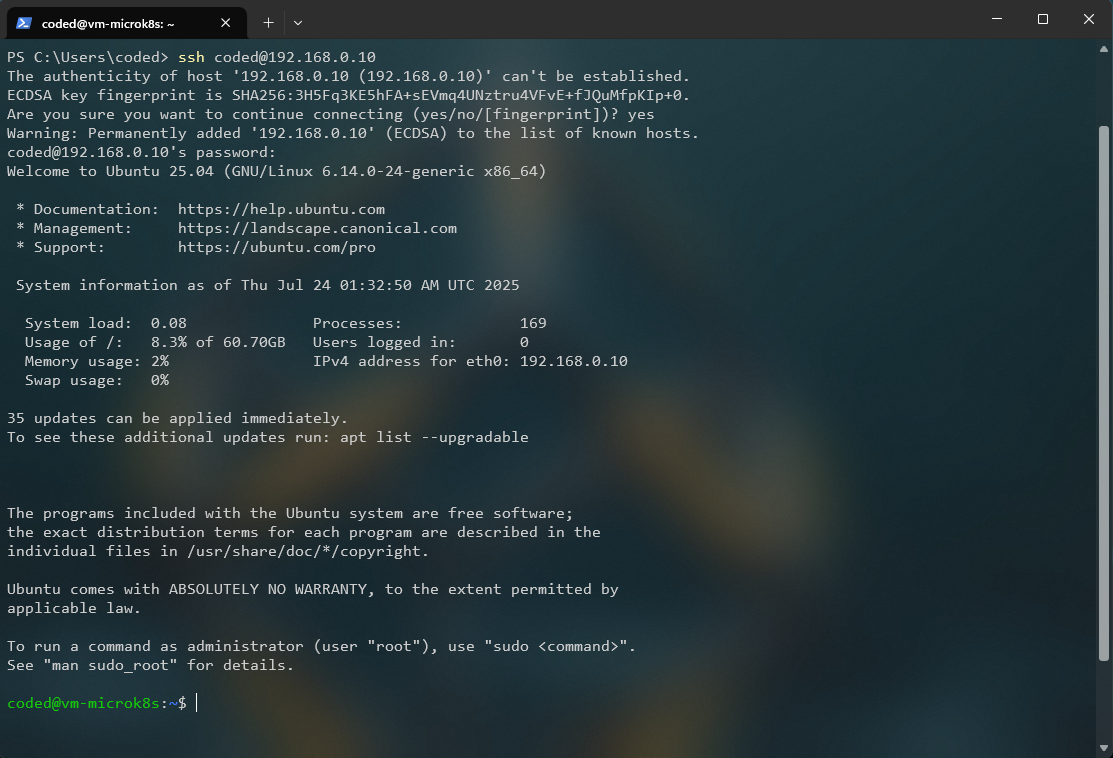 Primera conexión SSH exitosa al servidor