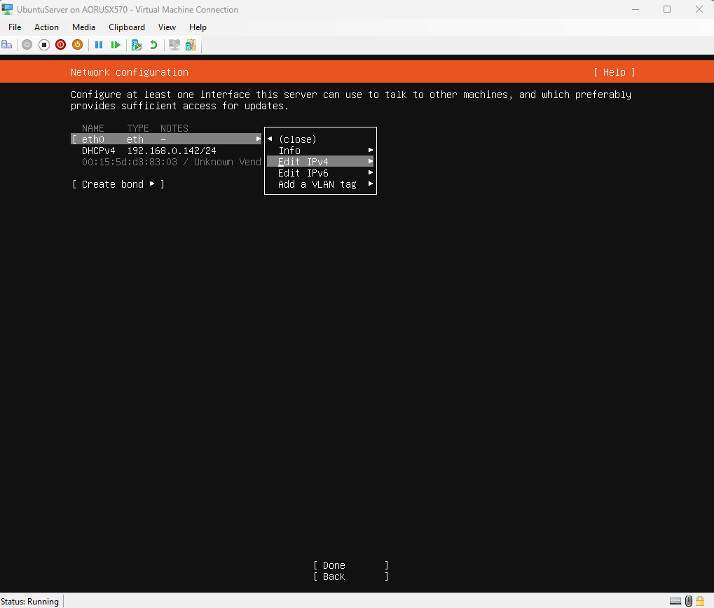 Menú para editar la configuración IPv4