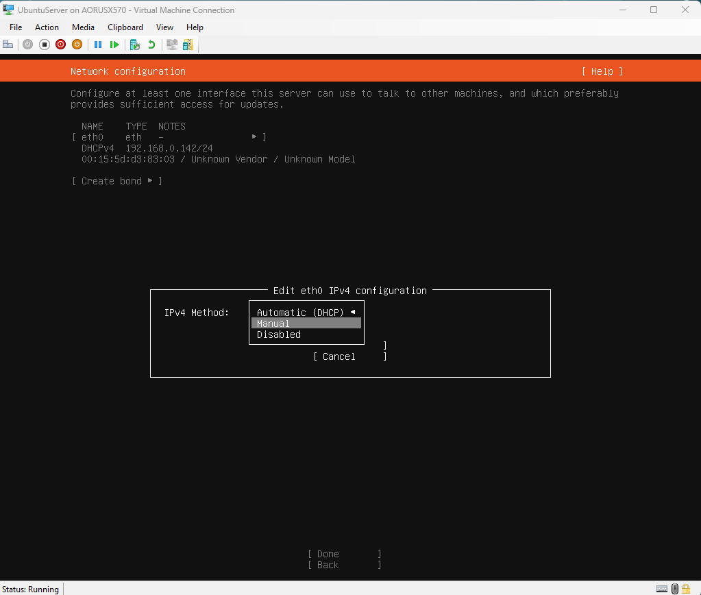 Cambiando método de DHCP a Manual