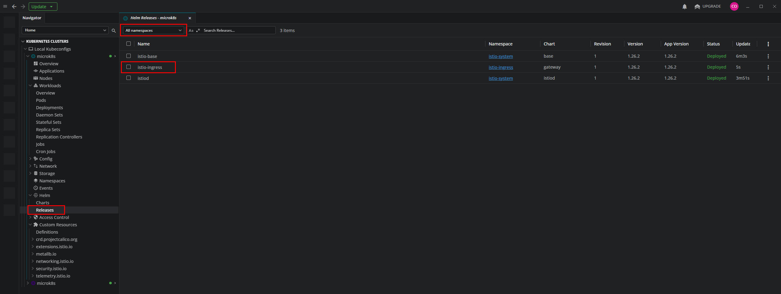 Verificando la release de istio-ingress en Lens