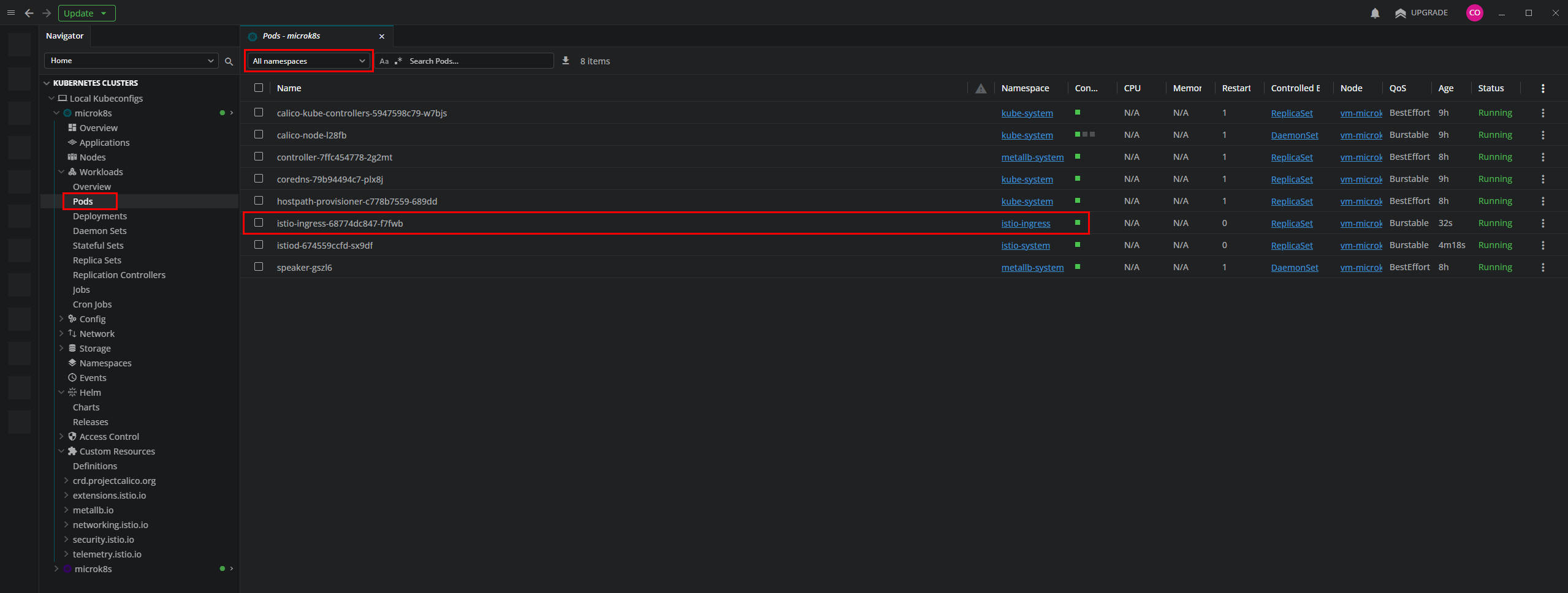 Verificando los pods de Istio en Lens