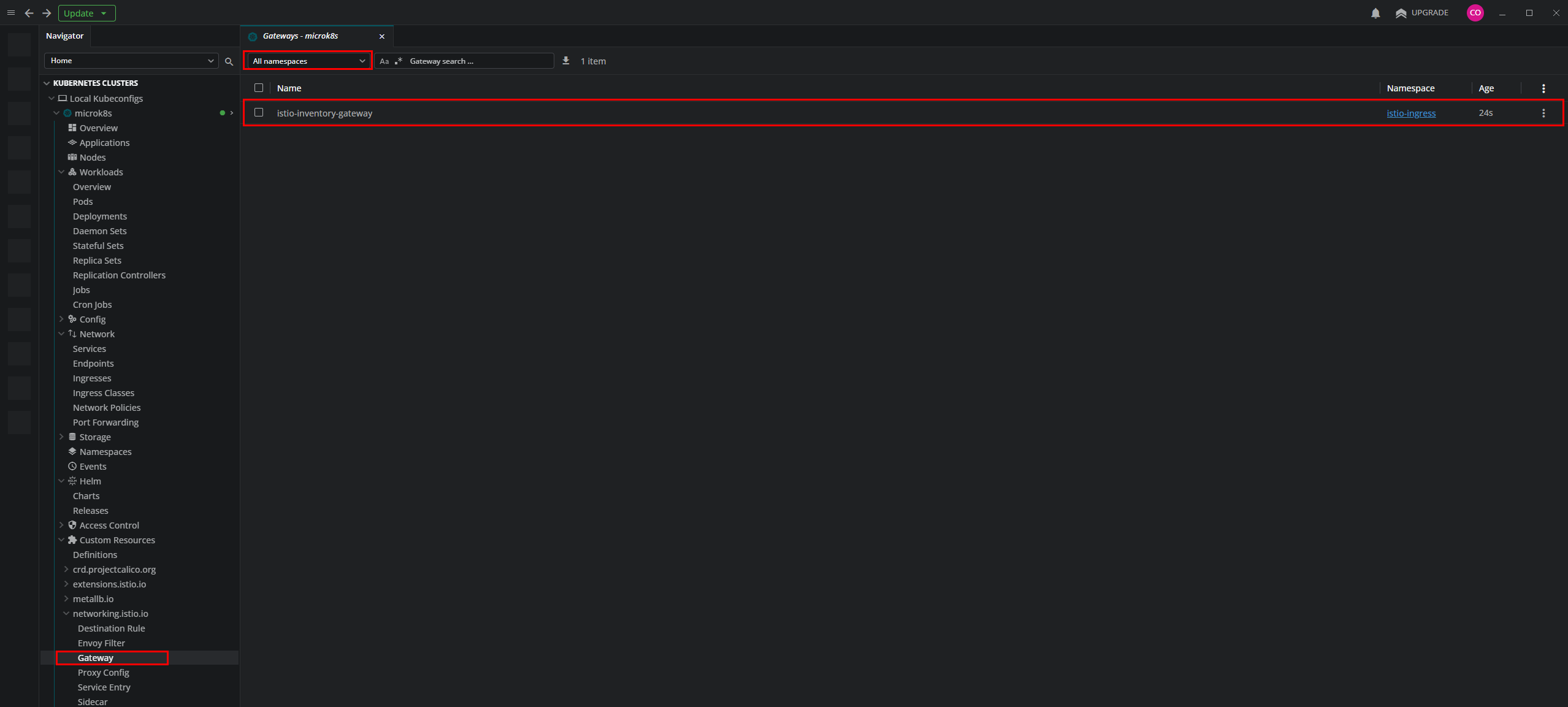 Verificando la creación del recurso Gateway en Lens