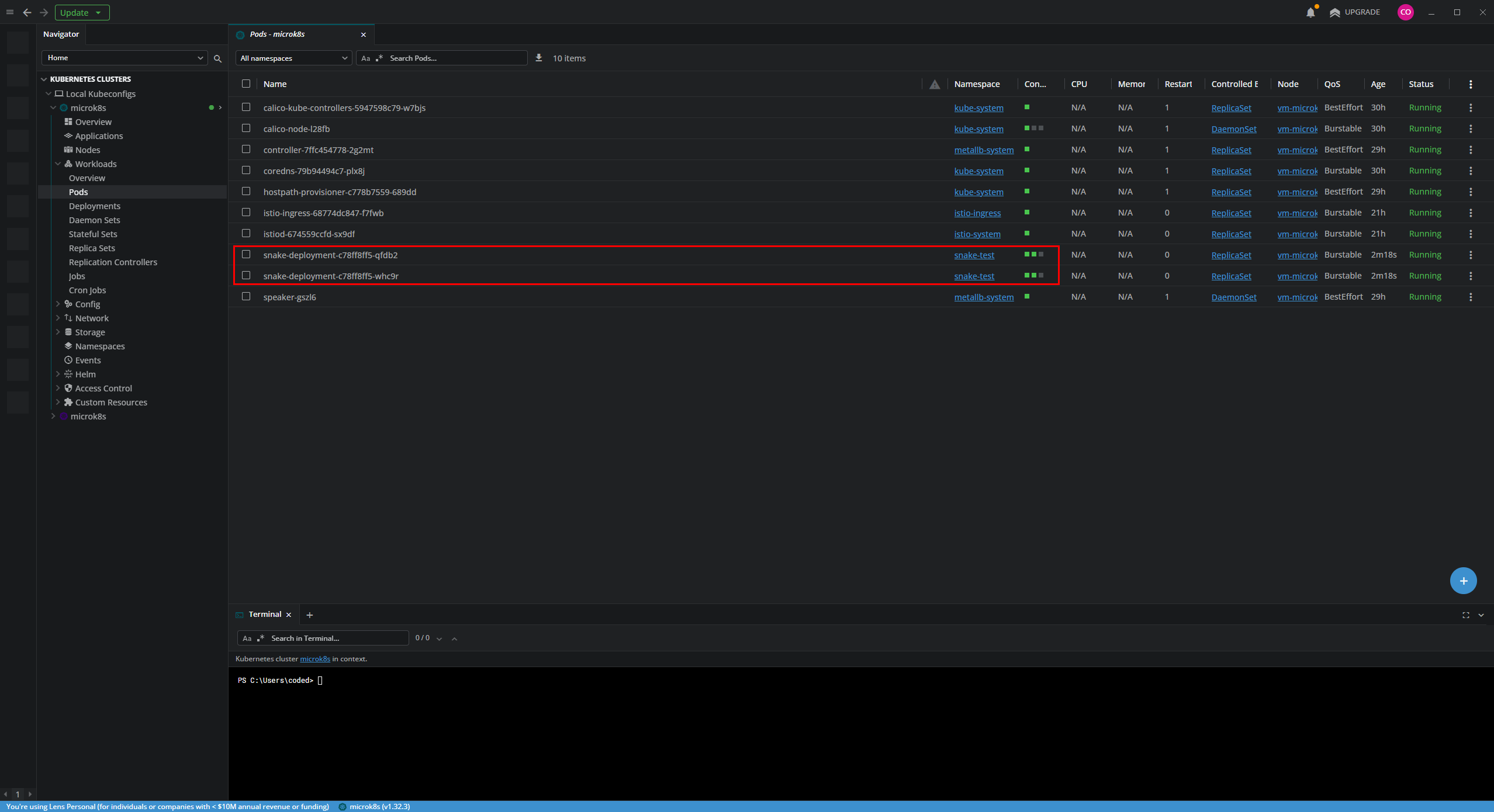 Verificando los pods de la aplicación Snake en Lens