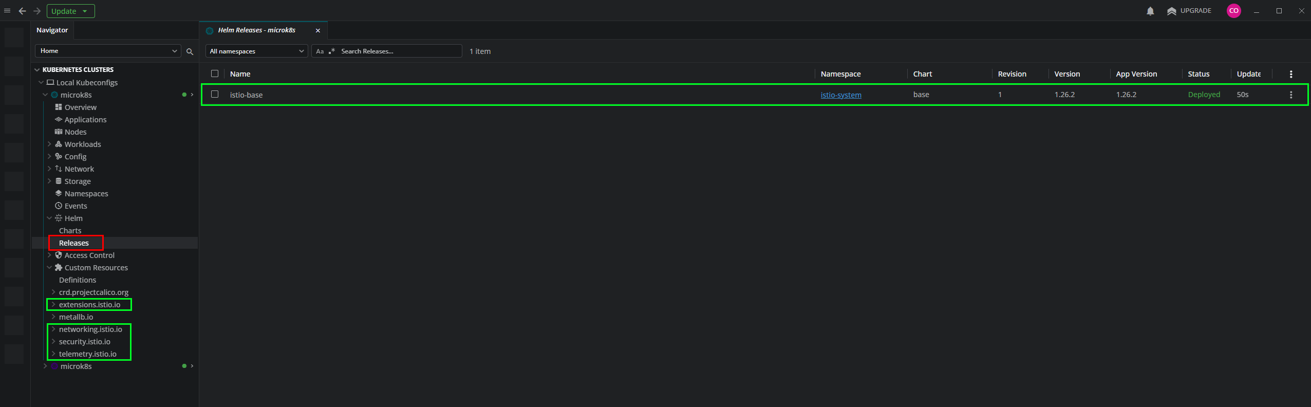 Verificando la release de istio-base en Lens