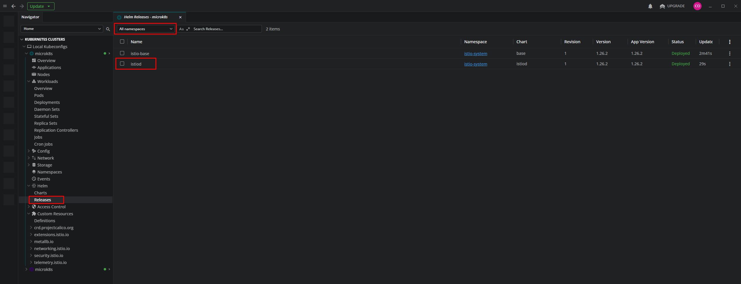 Verificando la release de istiod en Lens