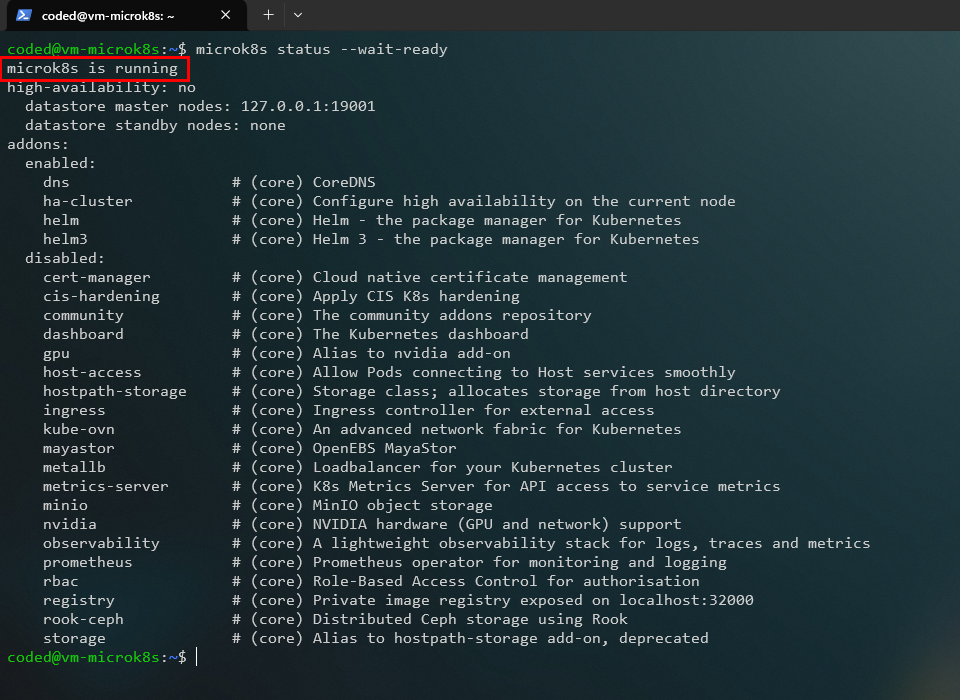 Verificando el estado del clúster de MicroK8s