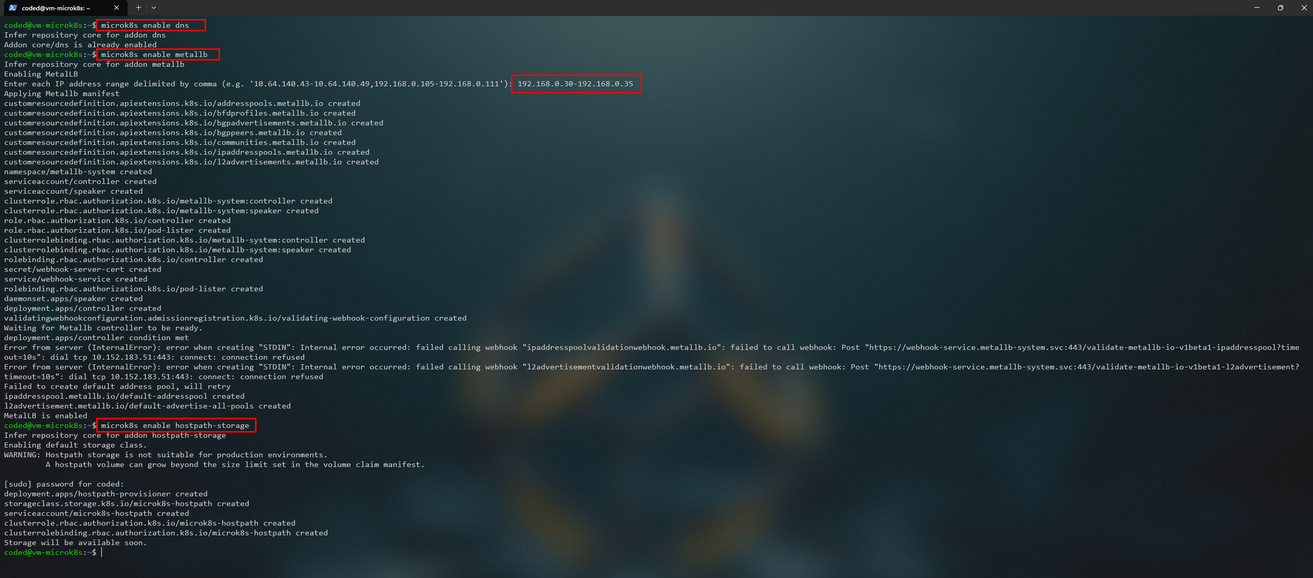 Habilitando los addons dns, metallb y hostpath-storage