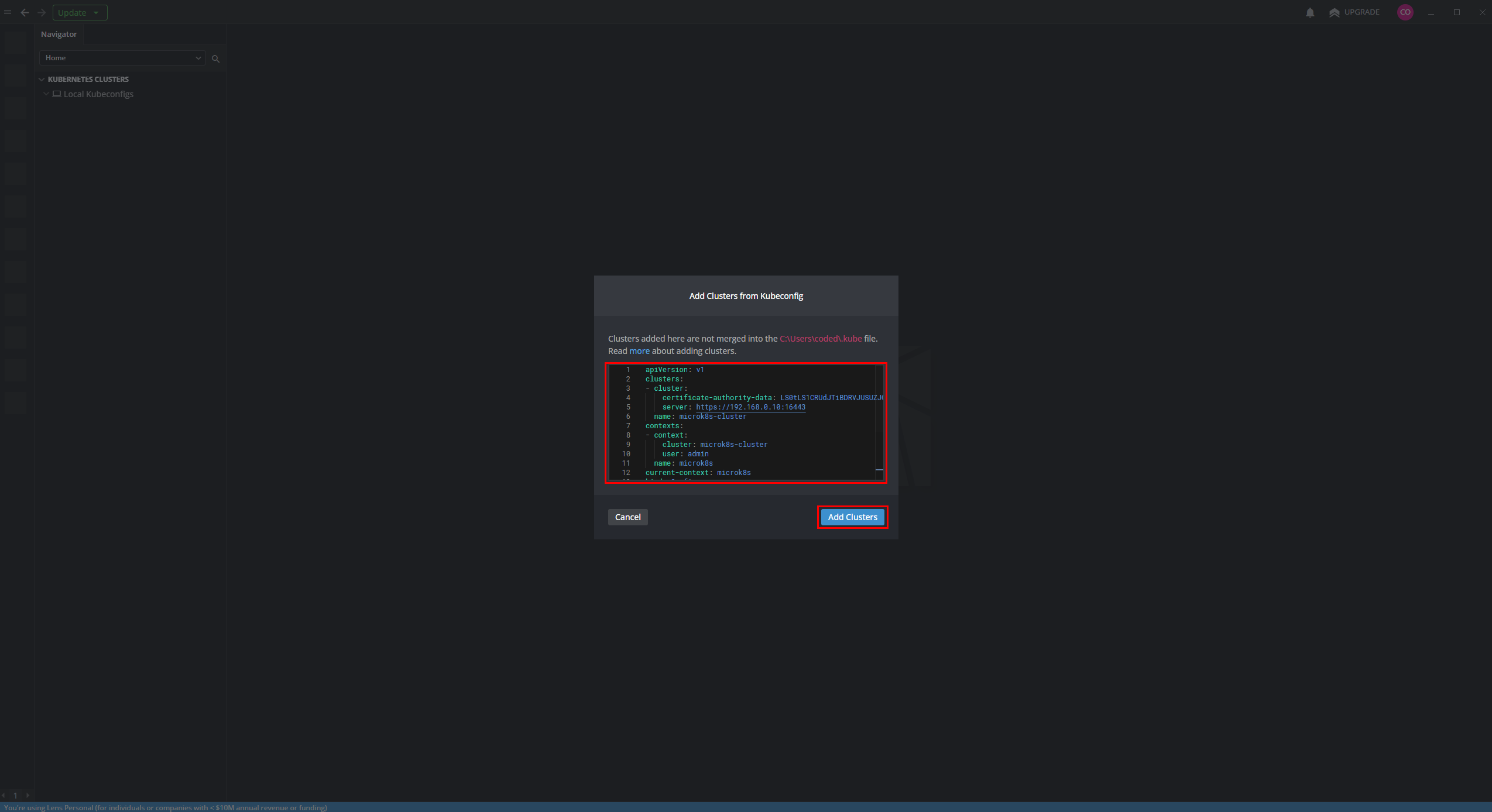 Pegando el kubeconfig en Lens