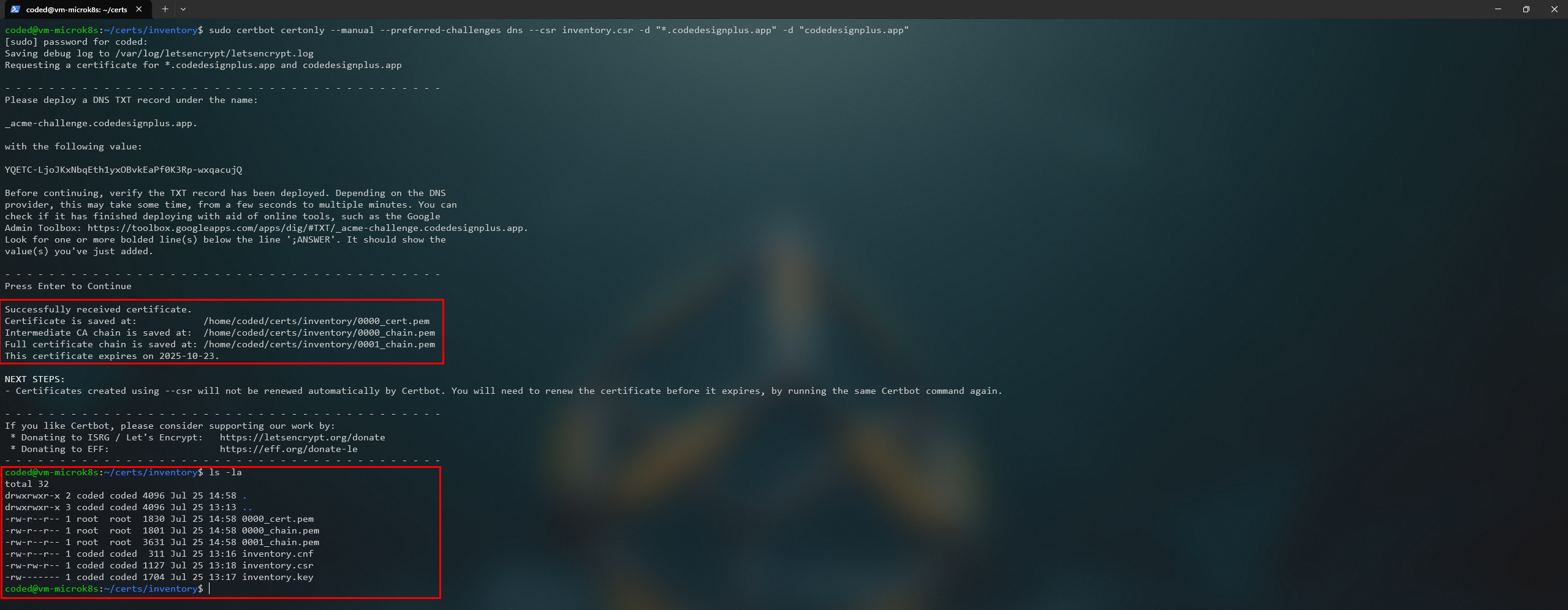 Certificado generado exitosamente por Let's Encrypt