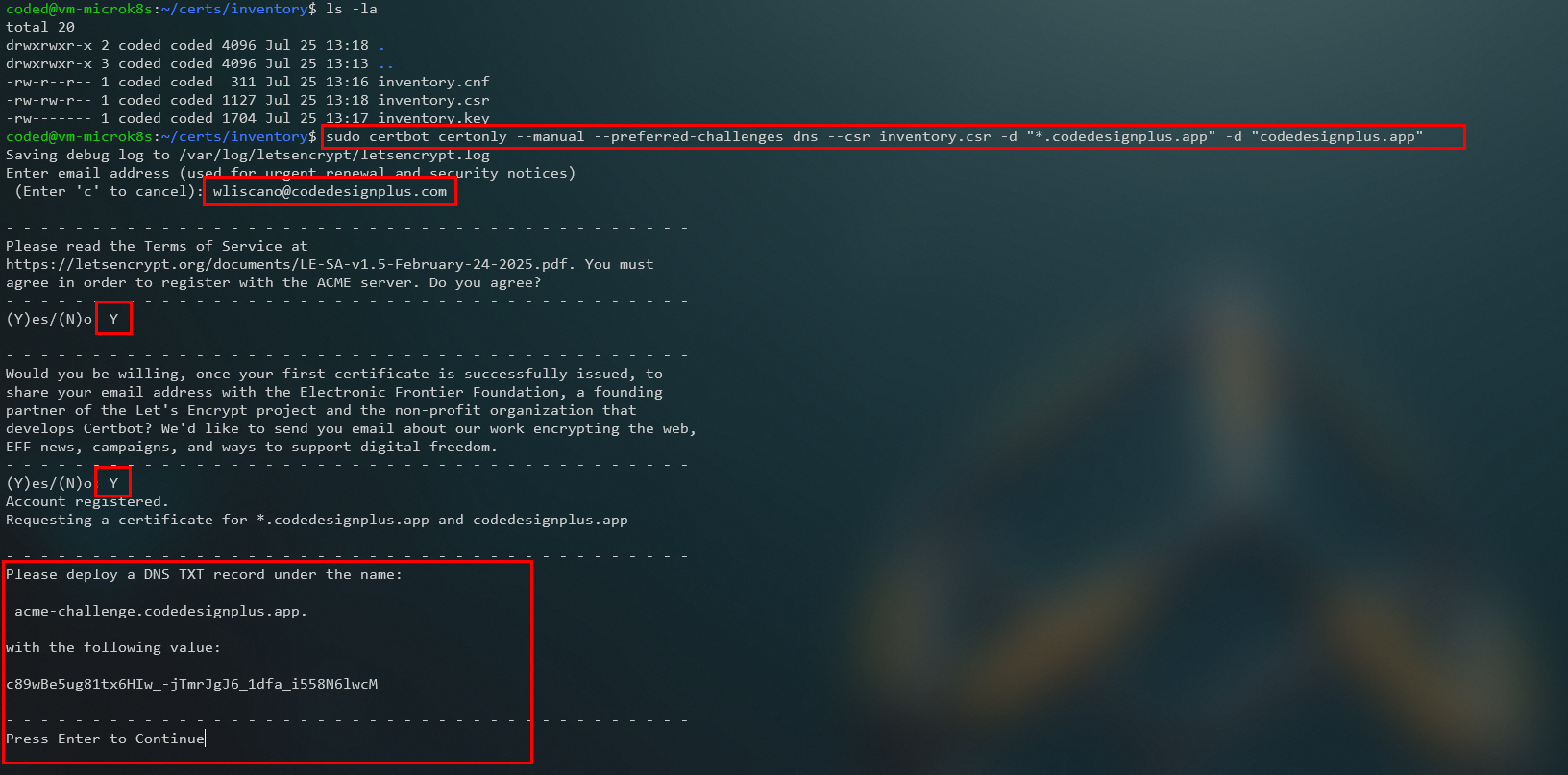 Primer desafío DNS-01 presentado por Certbot