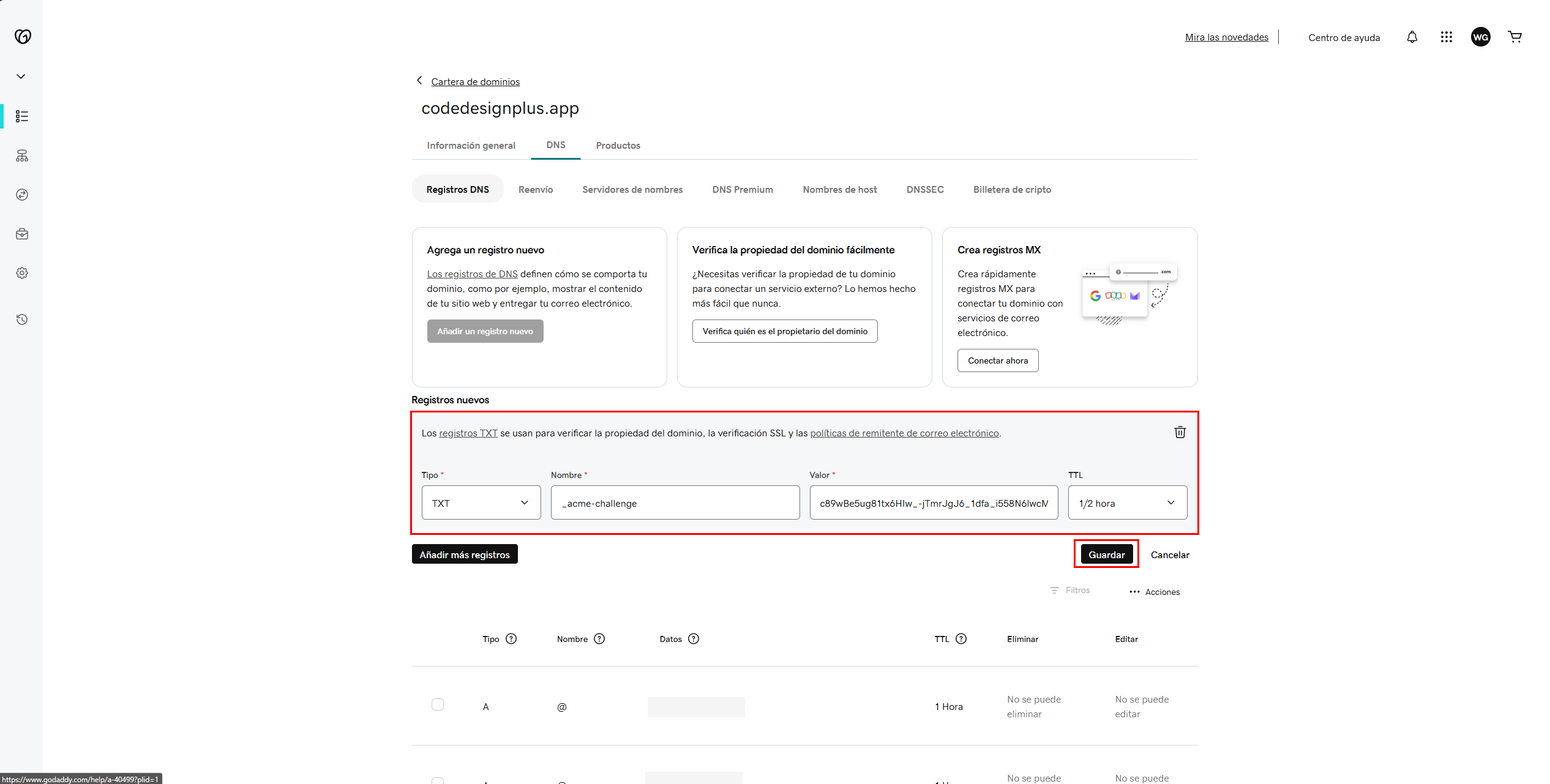 Creando el primer registro TXT en GoDaddy