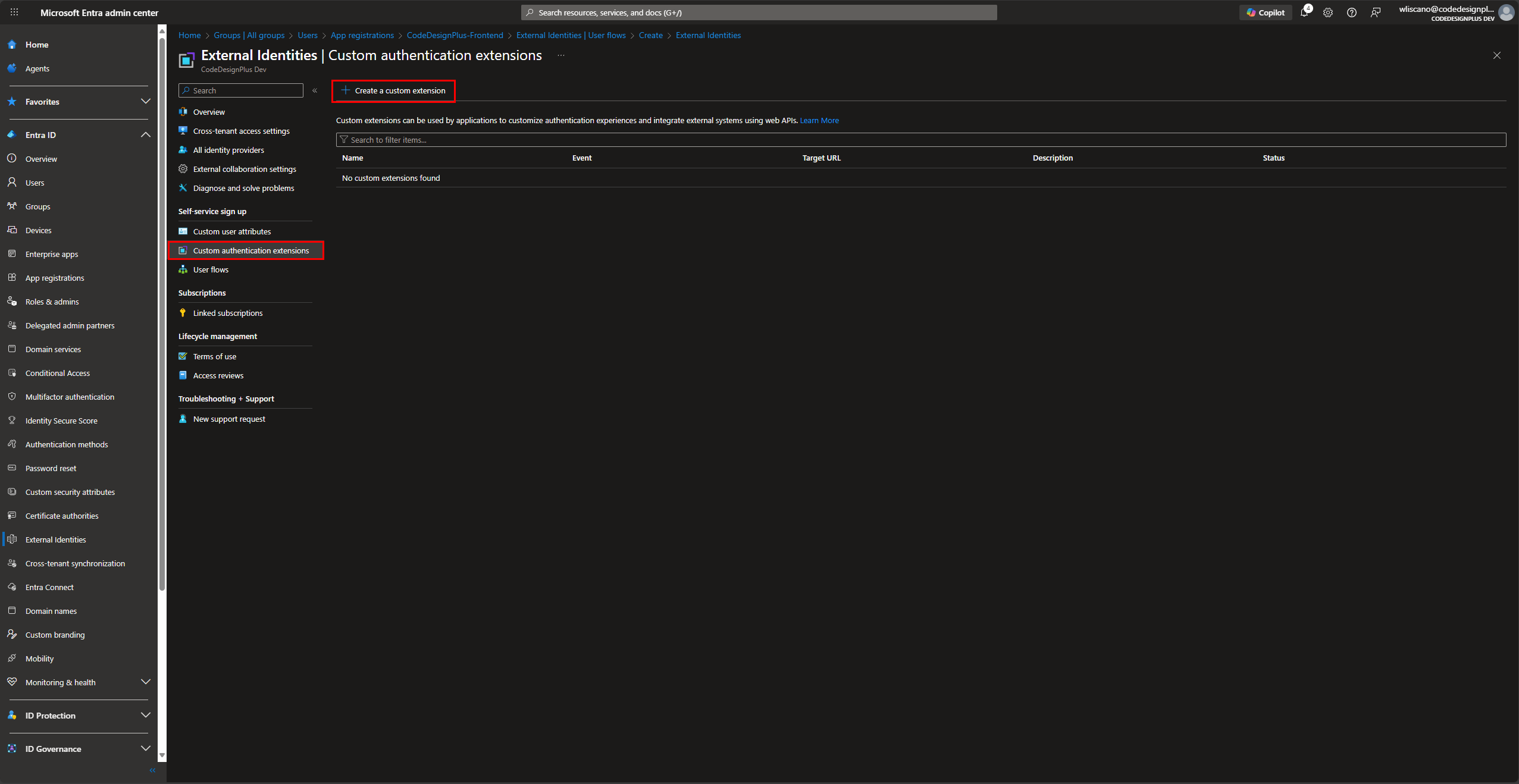 Navegando a Custom authentication extensions