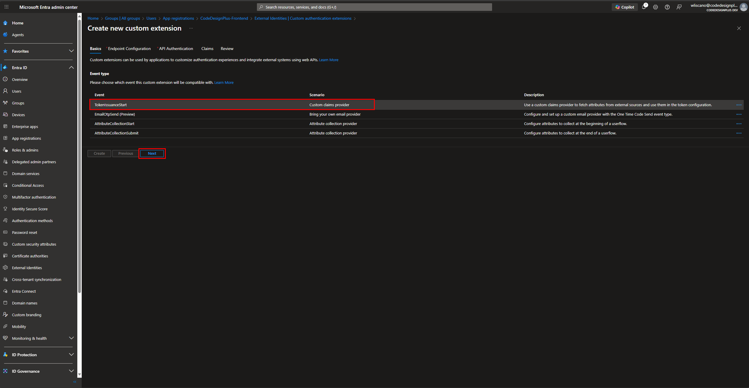 Seleccionando el evento TokenIssuanceStart