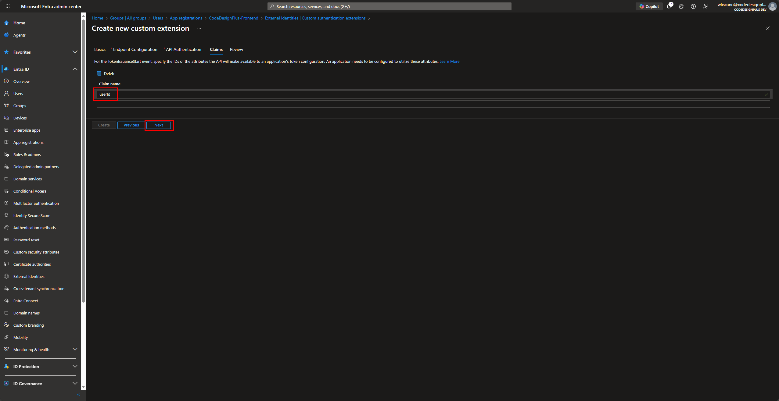 Añadiendo el claim userId a la extensión