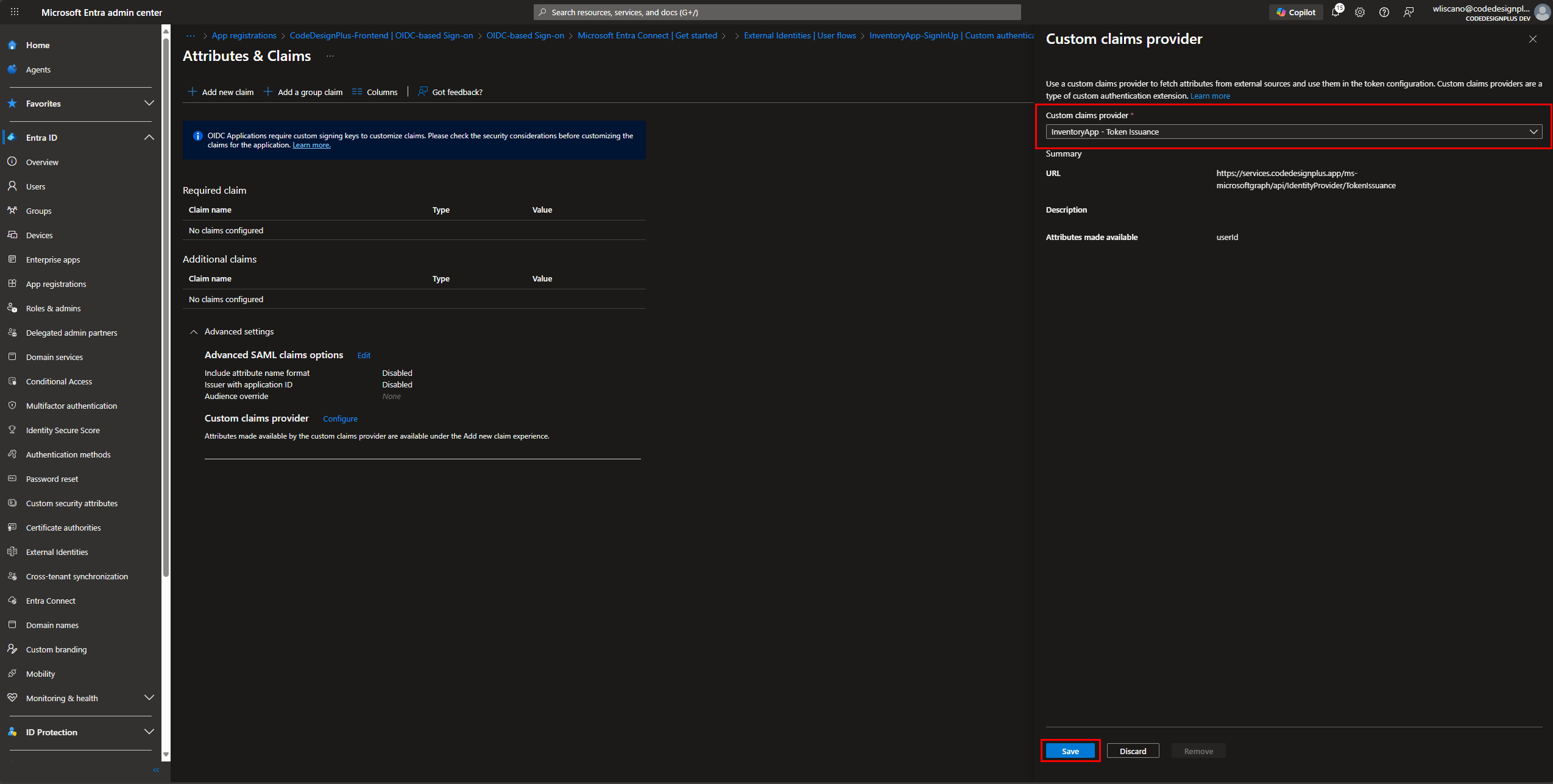 Proveedor de claims personalizado configurado