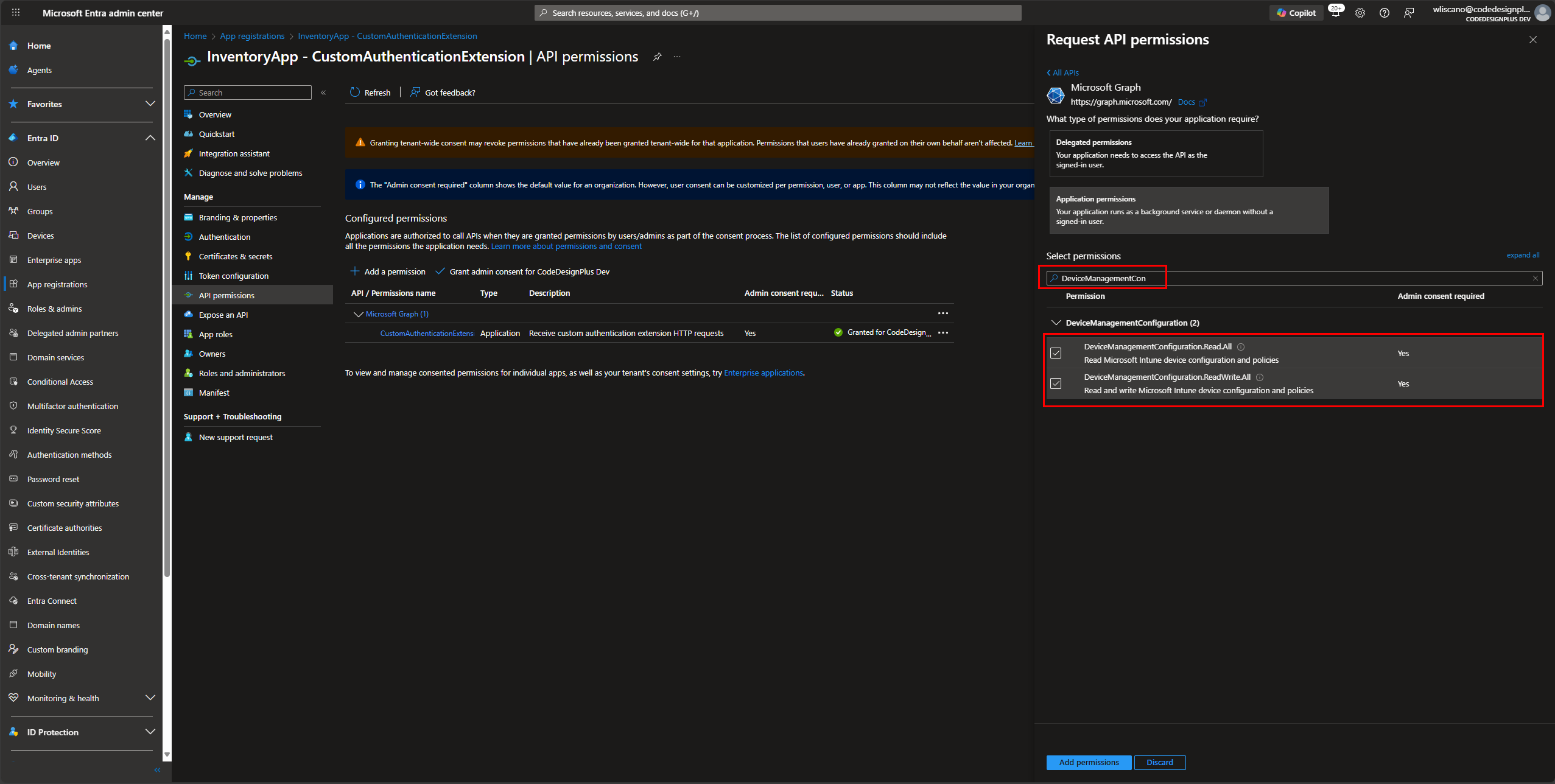 Añadiendo permisos DeviceManagementConfiguration