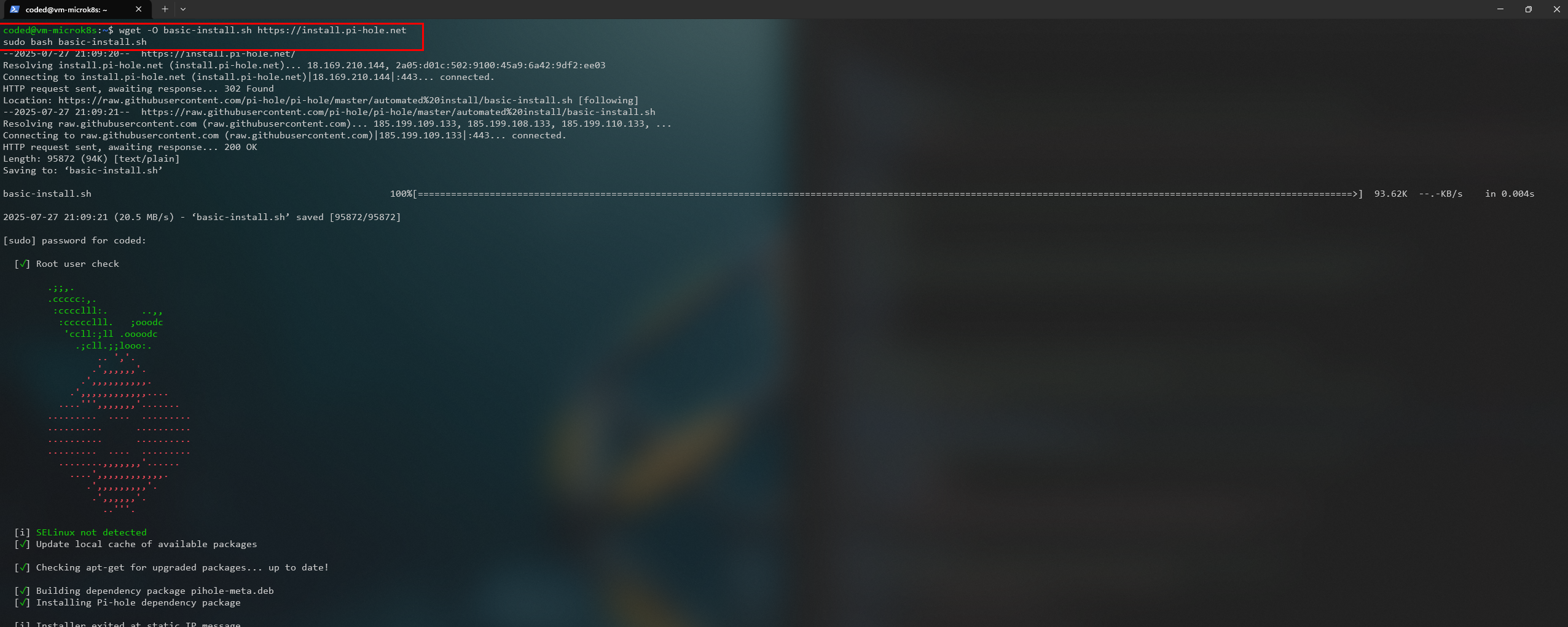 Ejecutando el script de instalación de Pi-hole