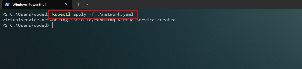 Aplicando el manifiesto del VirtualService para RabbitMQ