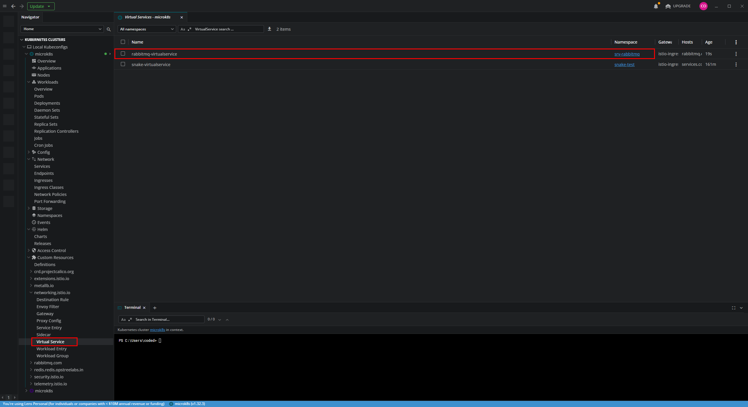 Verificando el VirtualService de RabbitMQ en Lens