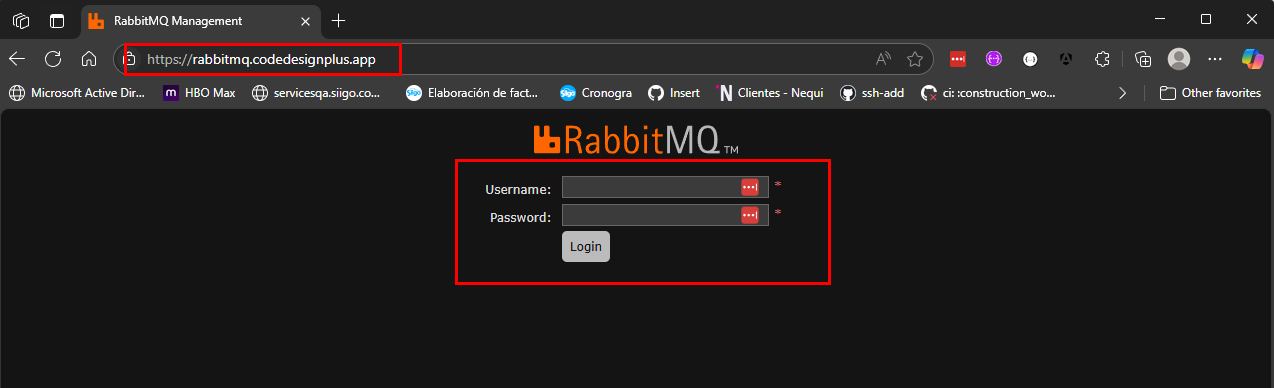 Pantalla de inicio de sesión de RabbitMQ Management
