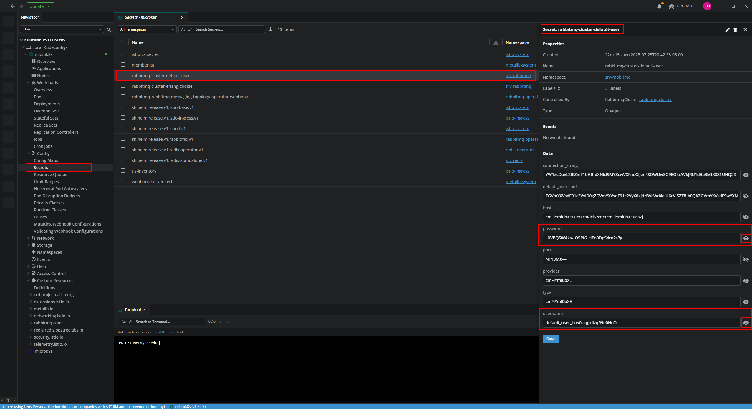 Obteniendo las credenciales del secreto de RabbitMQ en Lens