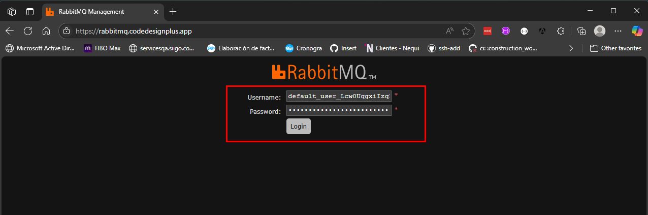 Iniciando sesión en la UI de RabbitMQ