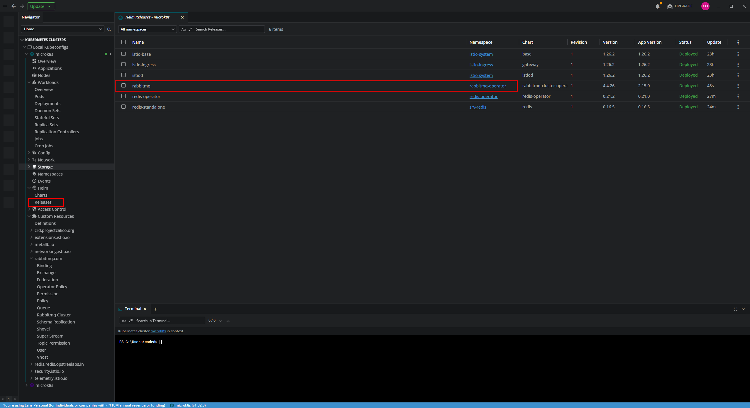 Verificando la release del RabbitMQ Operator en Lens