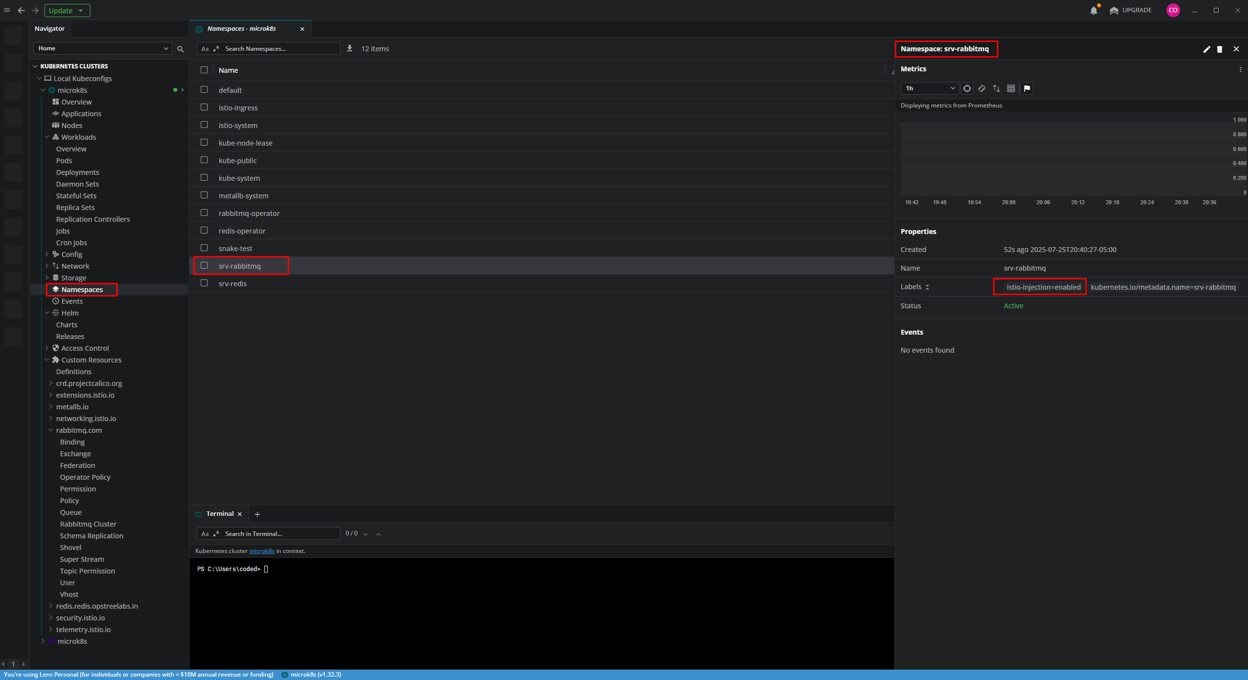 Verificando el namespace y su etiqueta en Lens