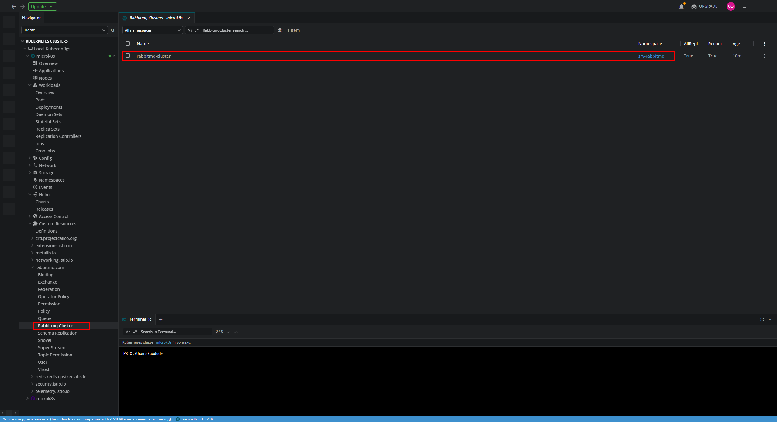 Verificando el Custom Resource del clúster en Lens