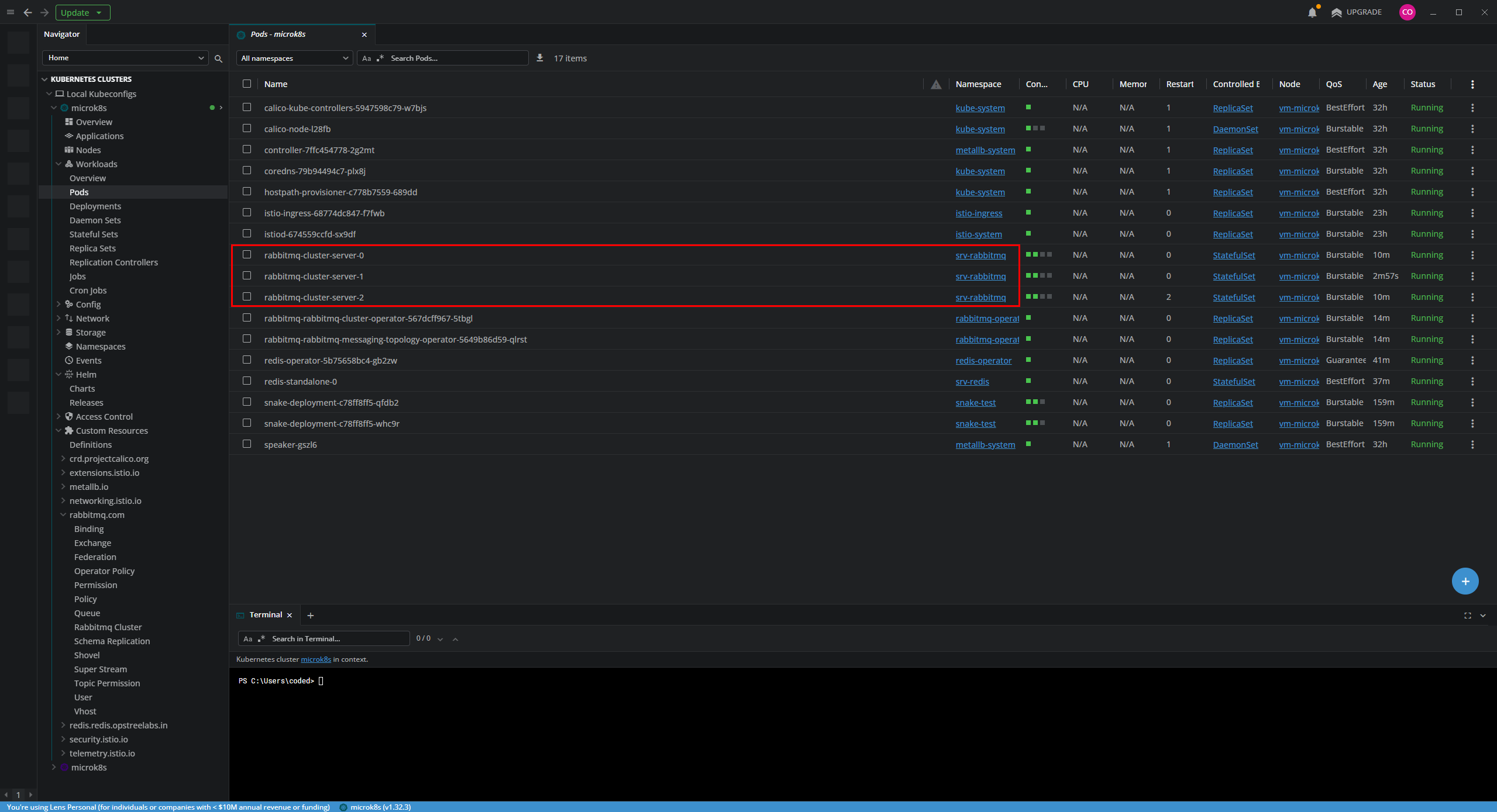 Verificando los pods del clúster de RabbitMQ en Lens