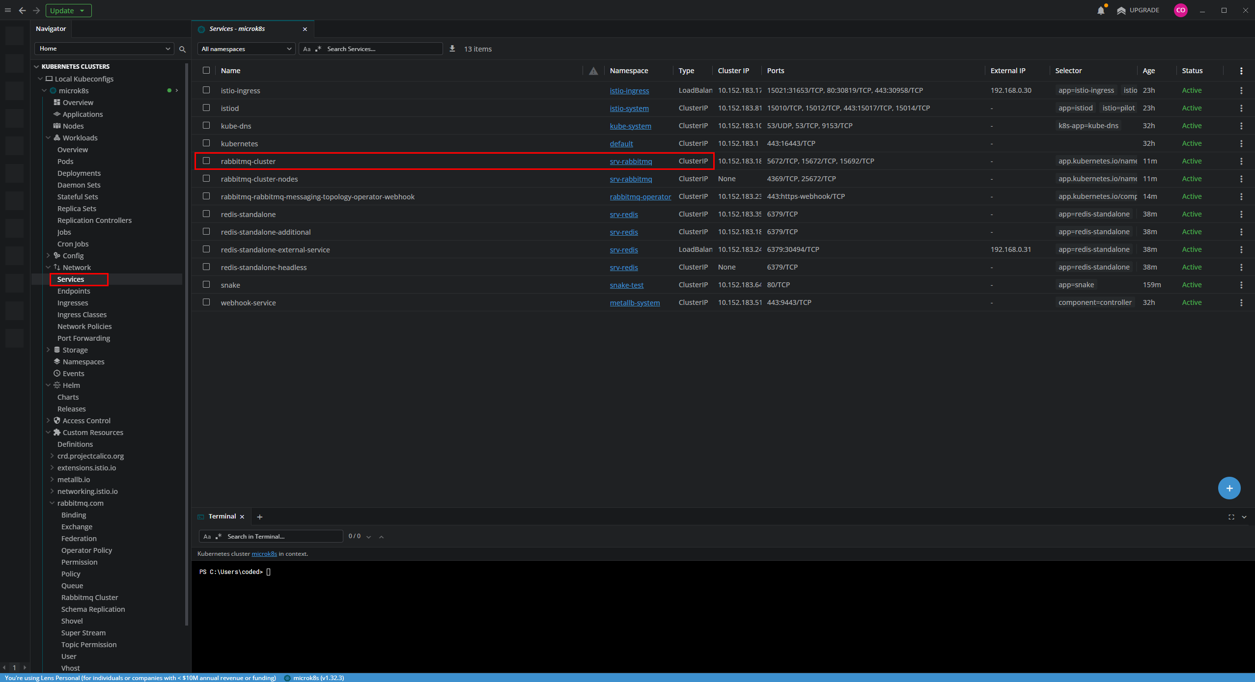 Verificando el servicio ClusterIP de RabbitMQ en Lens