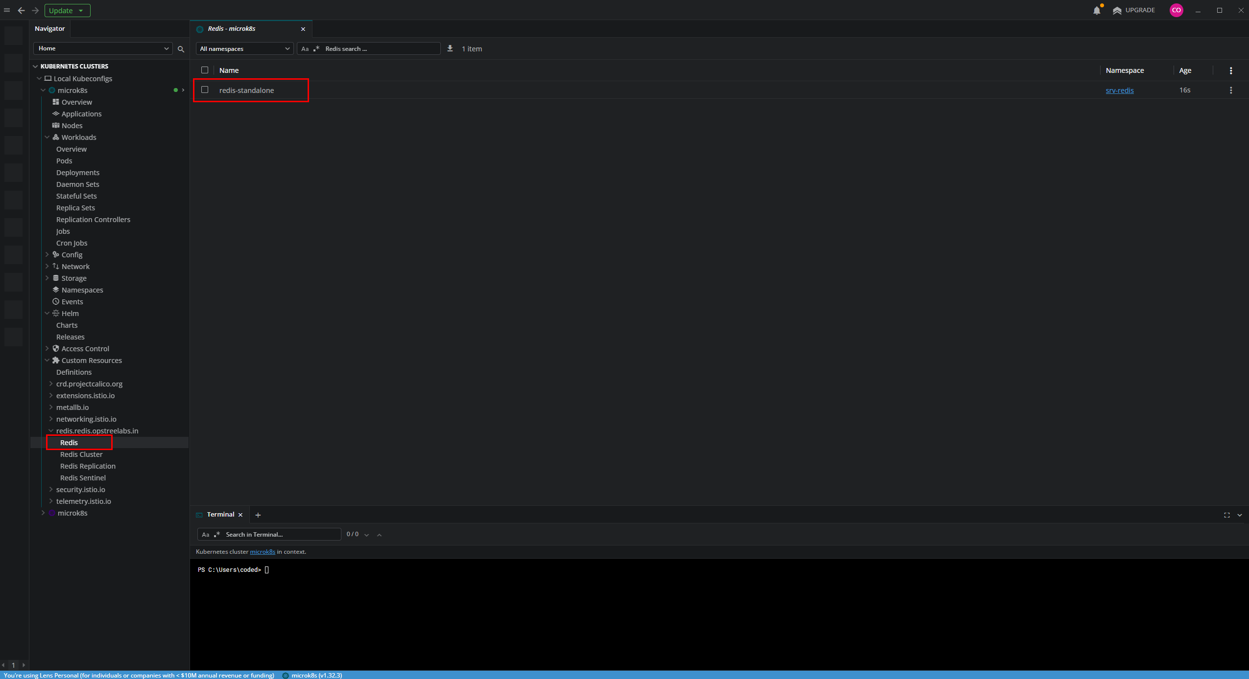 Verificando la release de Redis Standalone en Lens