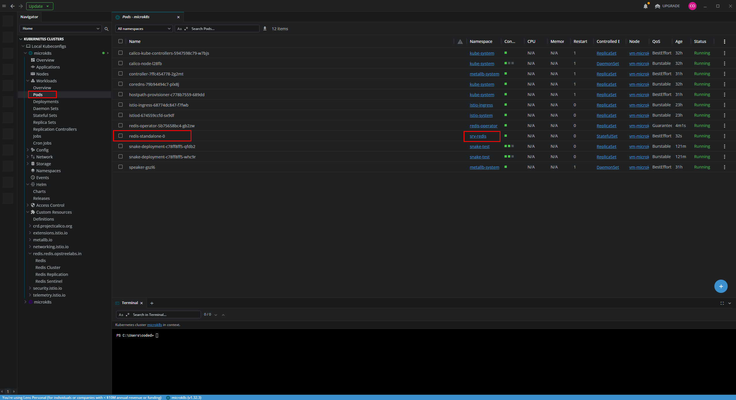 Verificando el pod de Redis Standalone en Lens