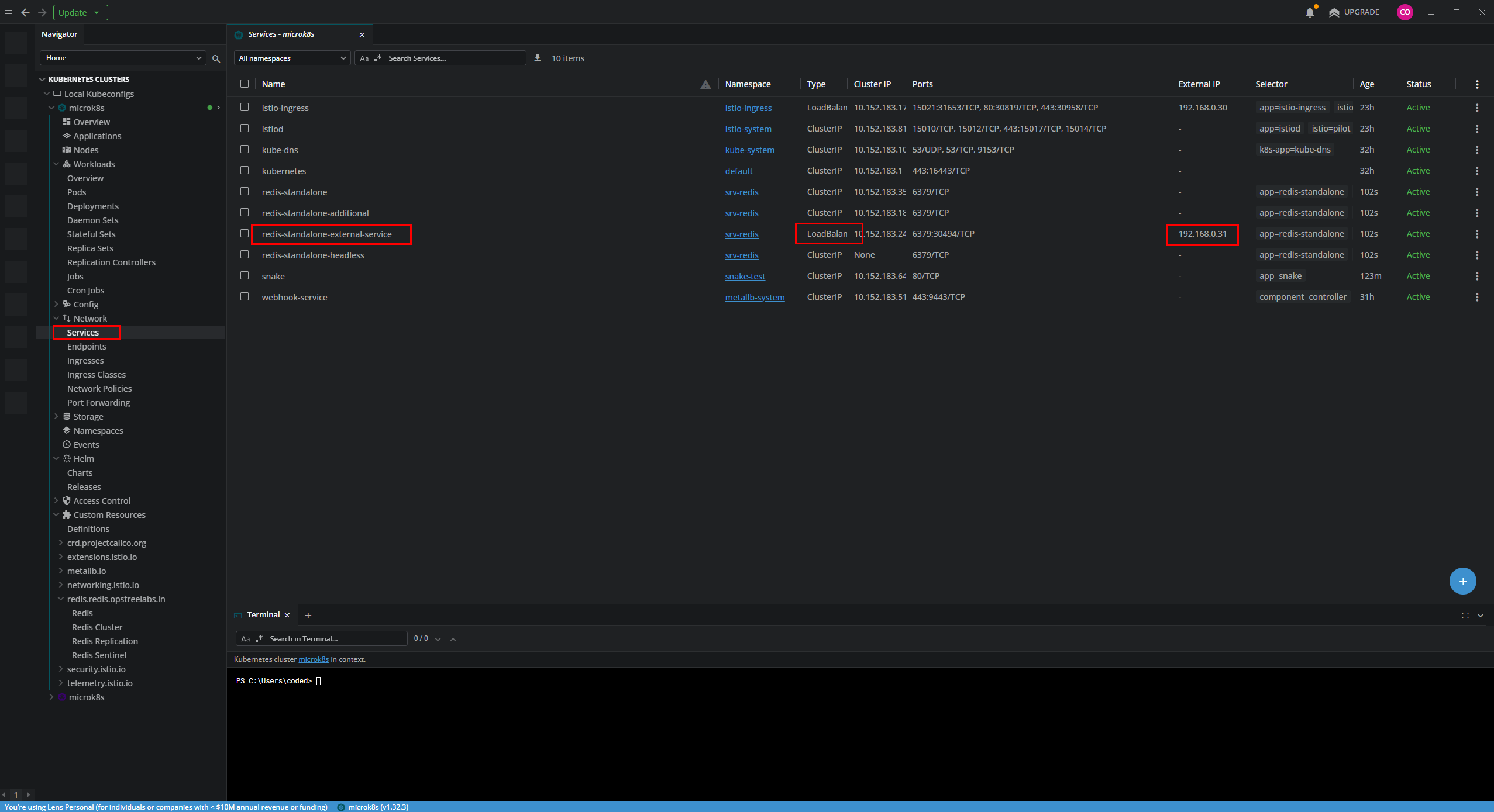 Servicio LoadBalancer para Redis con IP externa
