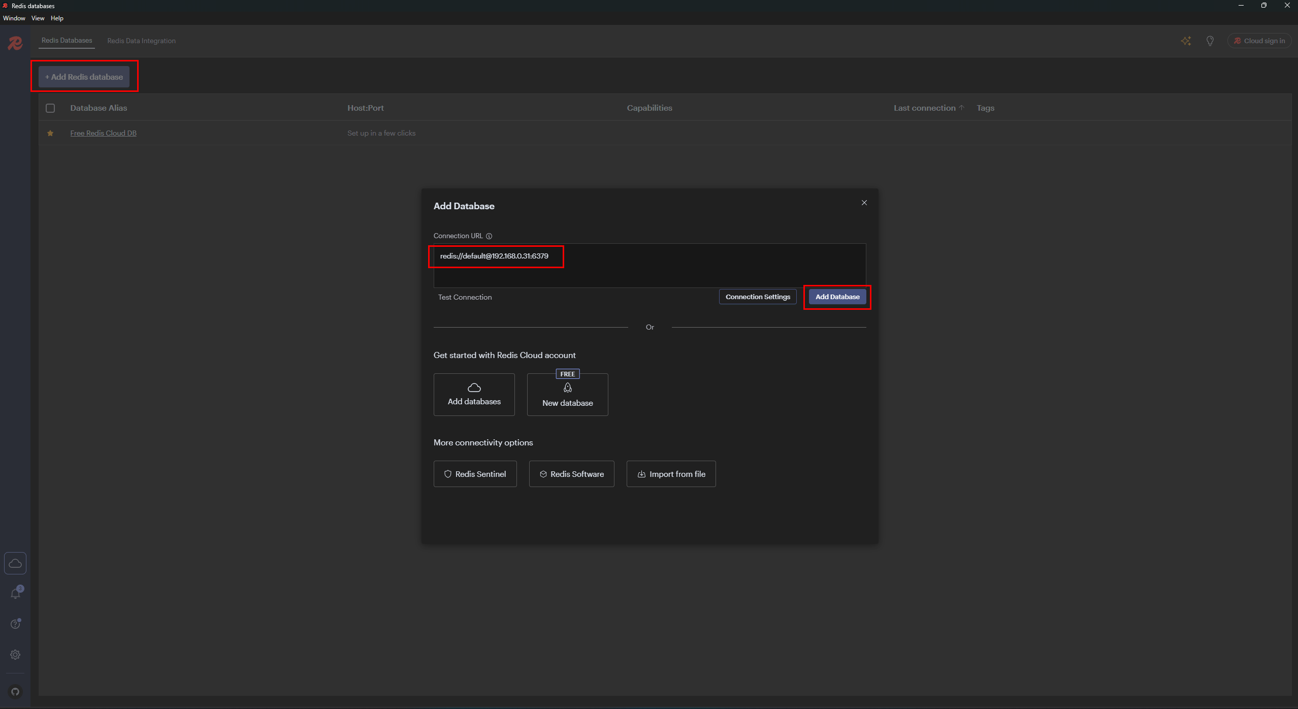 Añadiendo una nueva base de datos en Redis Insight