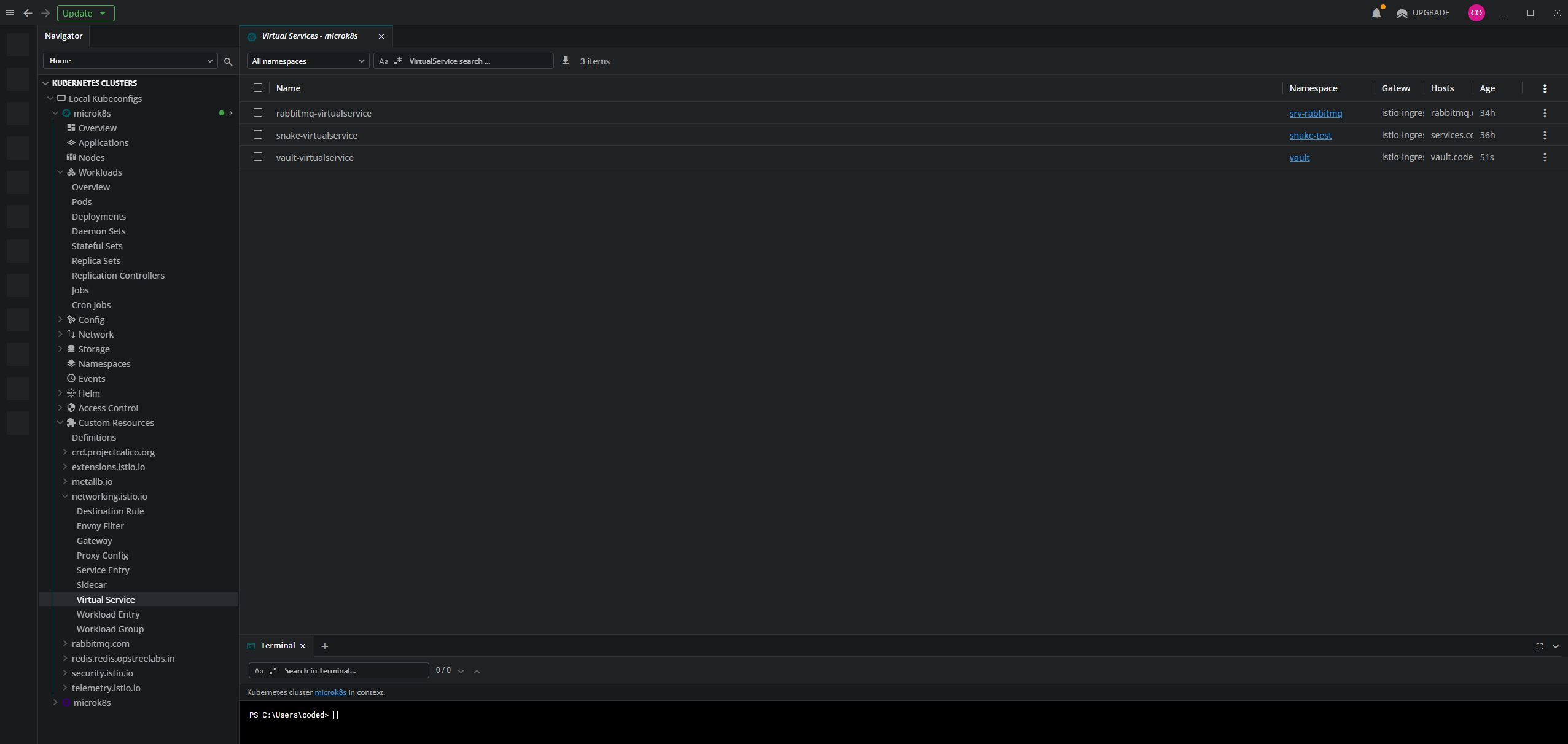 Verificando el VirtualService de Vault en Lens