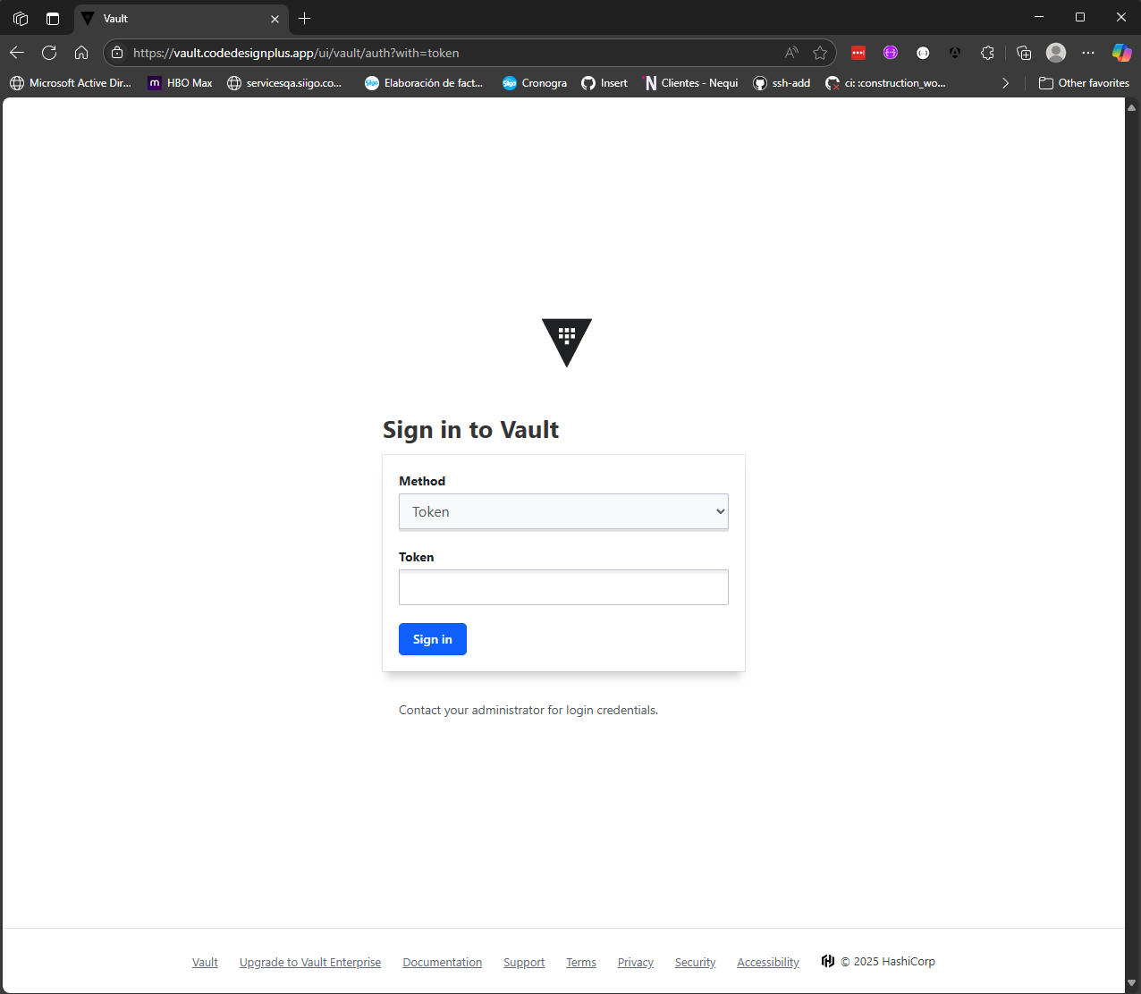 Pantalla de inicio de sesión de Vault
