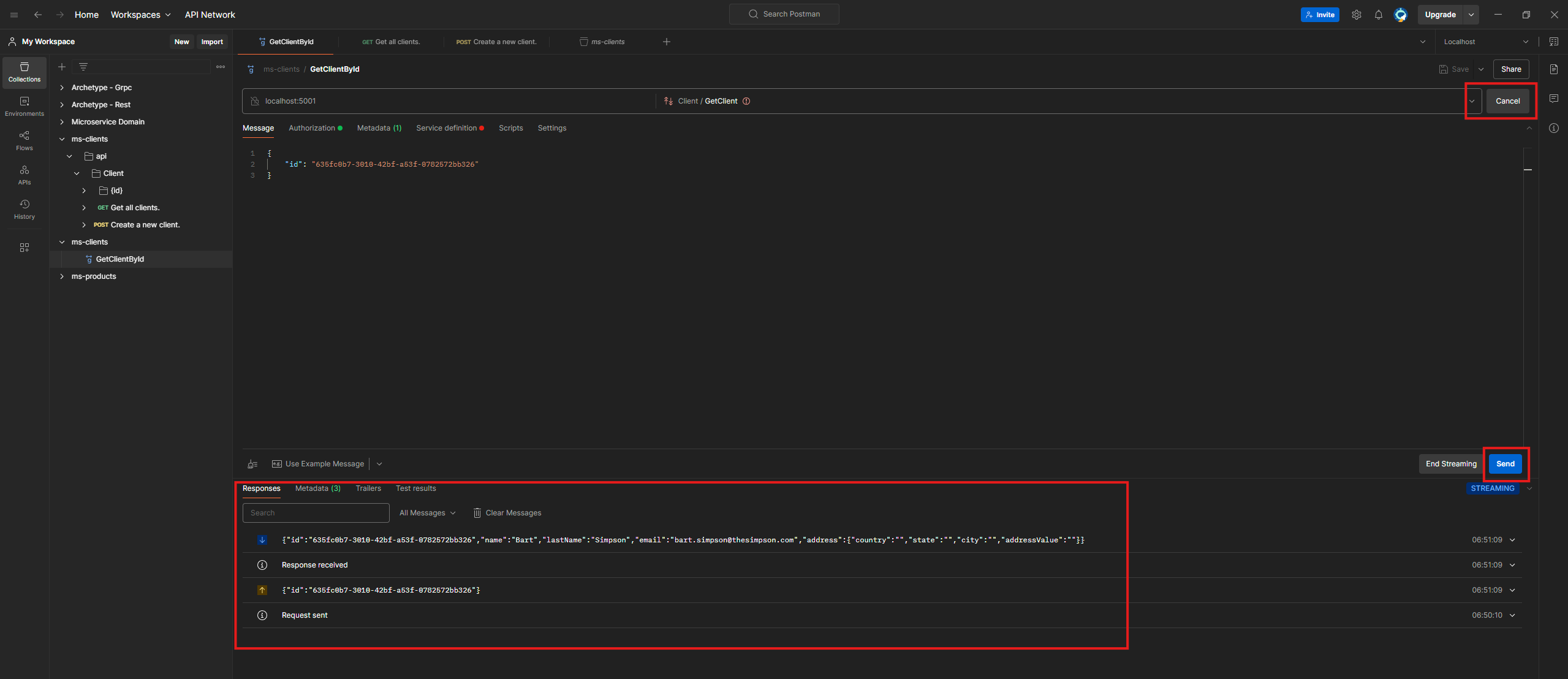 Postman UI gRPC Response
